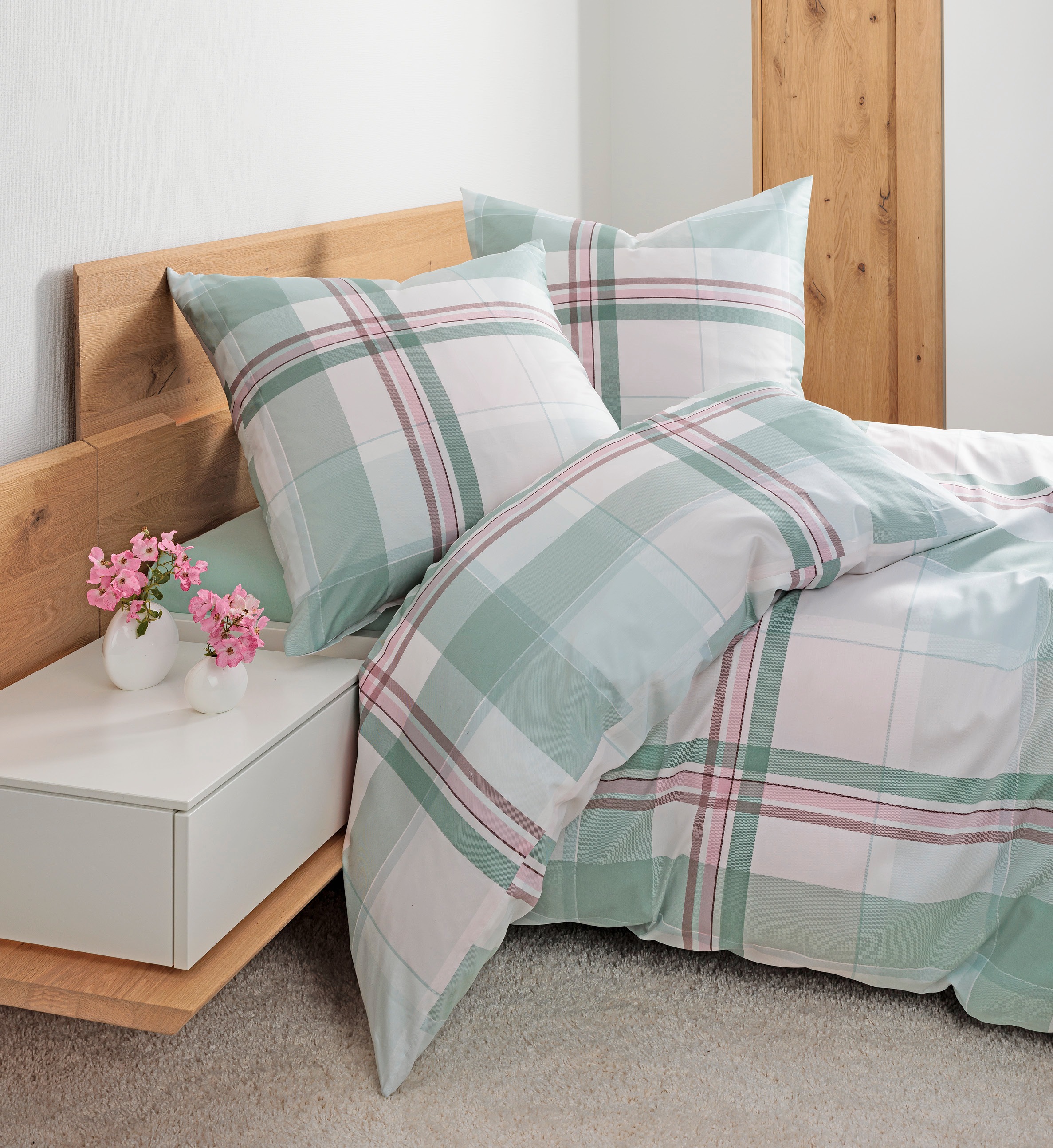 Janine Janine Mako-Satin Bettwäsche moments 98119 grün rosa Größe:  240x220 günstig online kaufen