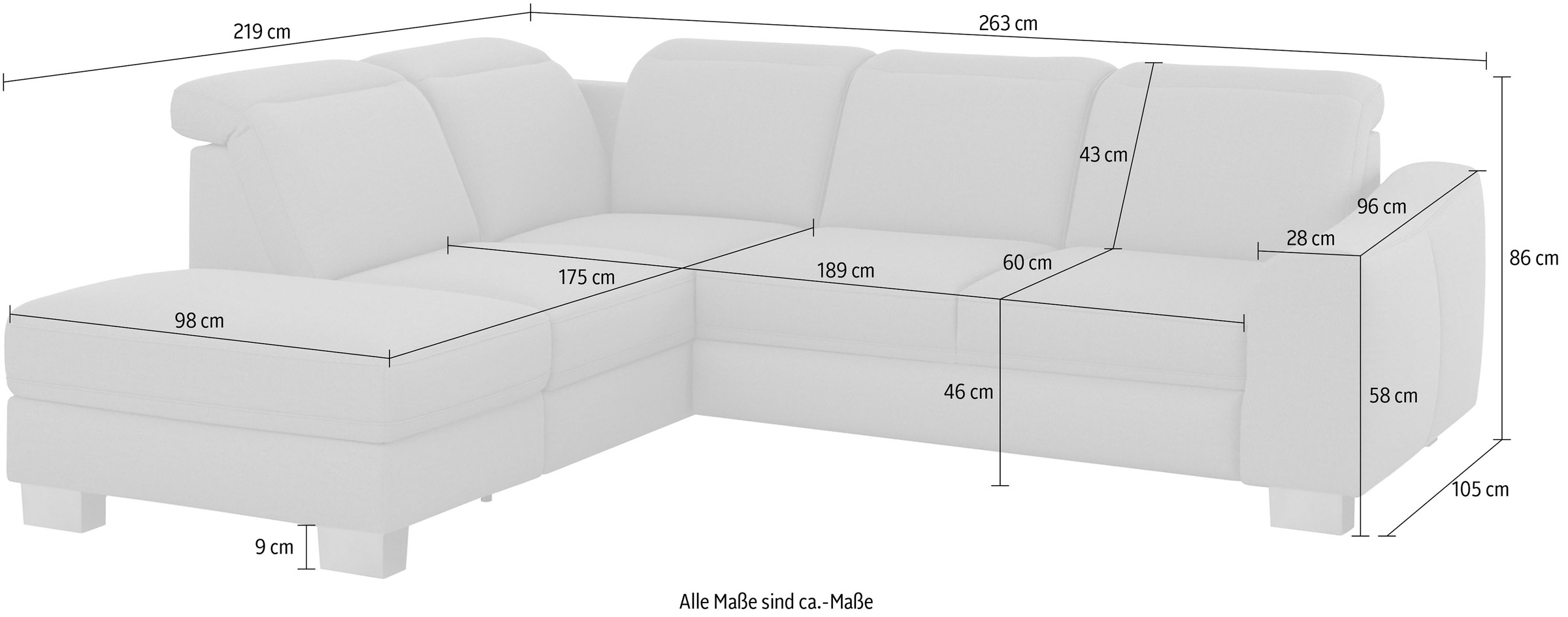sit&more Ecksofa »Dundee L-Form«, mit Federkern und Edelstahlfüßen, wahlweise mit Kopfteilverstellung
