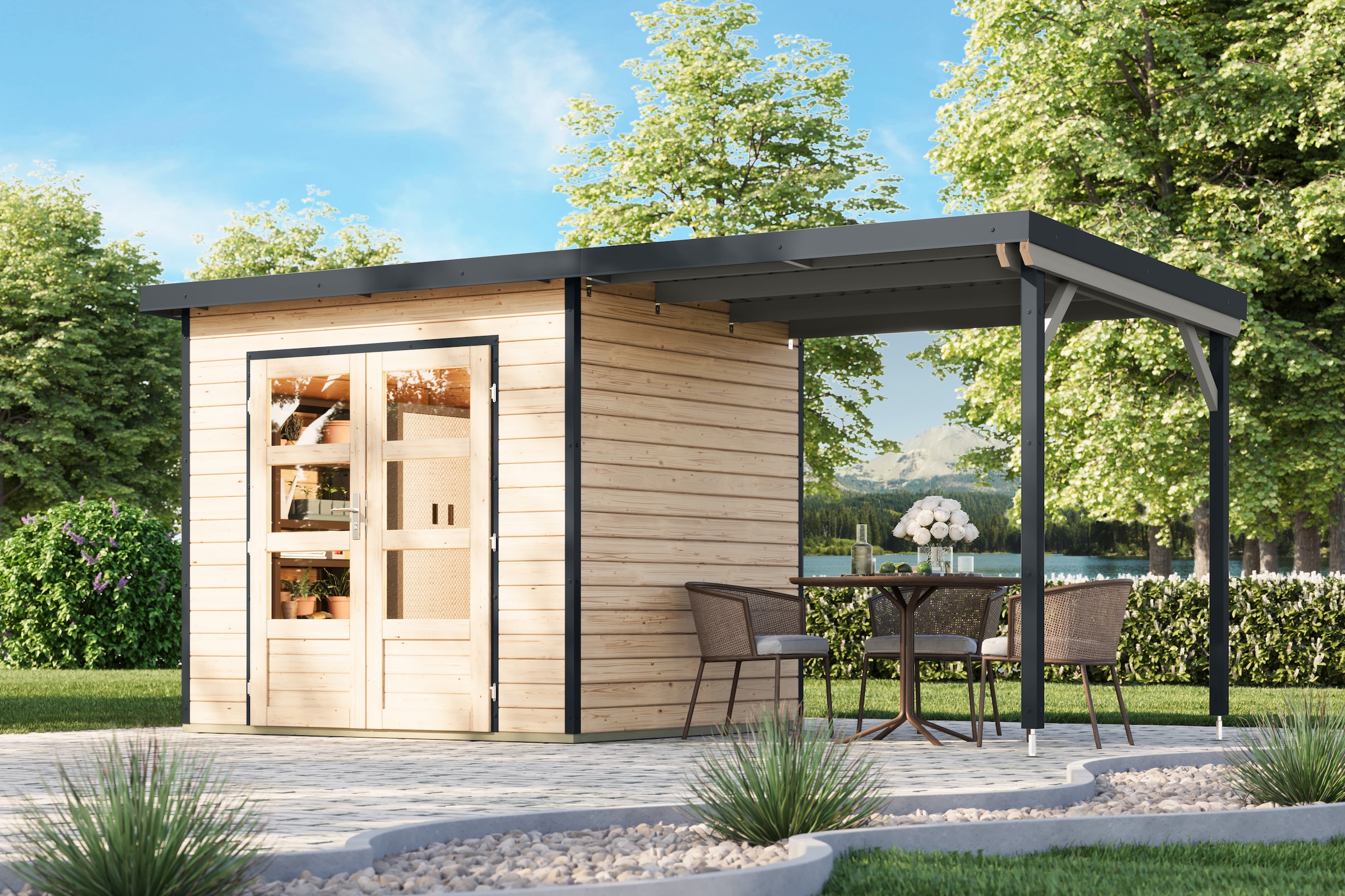 Karibu Gartenhaus »Plutino 2  SET, in verschiedenen Farben« inkl. Anbaudach