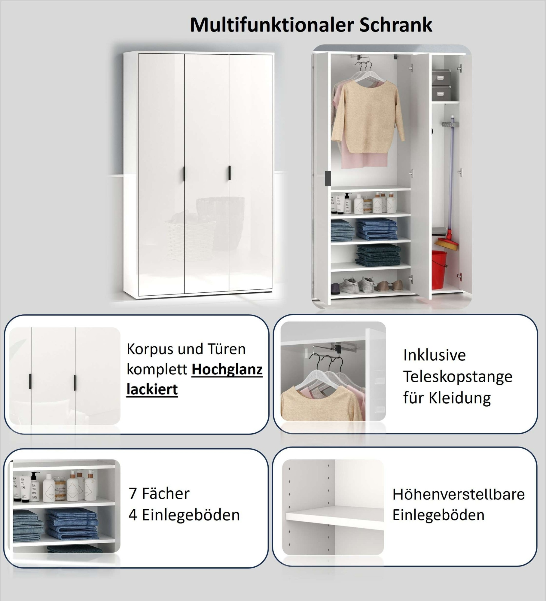 INOSIGN Mehrzweckschrank »Stauraumschrank , Breite 107 cm , Höhe 178 cm« 1 Stk. tlg. 3 Türen,1 kl.+3 große Böden,1 Auszugsstange,Schrank Hochglanz lackiert