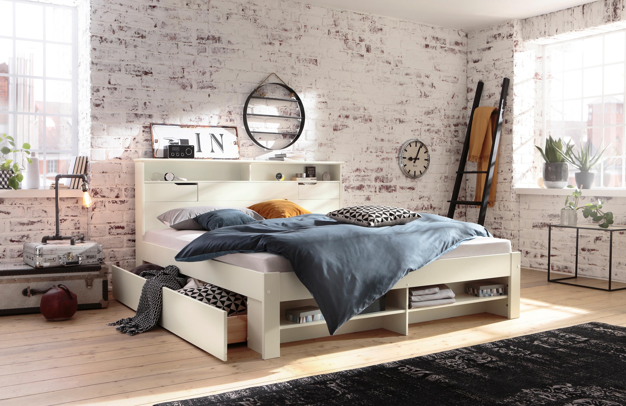12. Bild von Home affaire Stauraumbett »"NARA" platzsparend, viel Stauraum,«, zertifiziertes Massivholz mit MDF, Regale am Kopf- und Fußteil