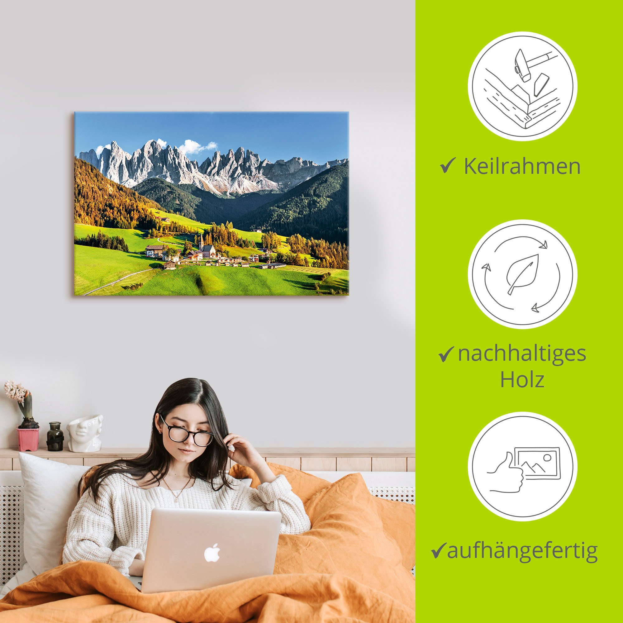 Artland Wandbild »Alpen Berge Santa Maddalena«, Berge & Alpenbilder, (1 St.), als Alubild, Outdoorbild, Leinwandbild, Poster in verschied. Größen