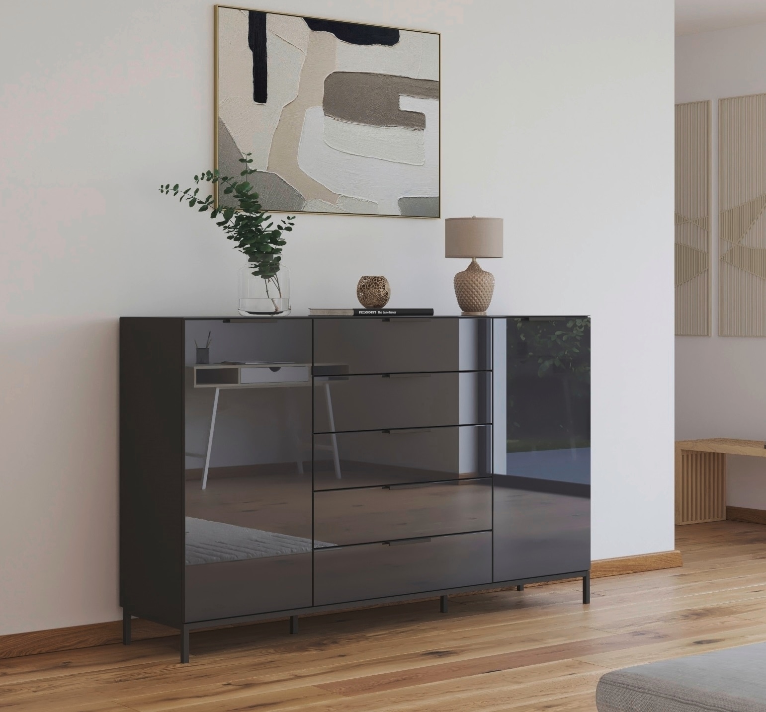 rauch Schubkastenkommode »Kommode Türkommode Sideboard Kombikommode FLIPP mit Glasfront«, (Breite 160/180 cm mit 4 Einlegeböden), 2-türig, 5 Schubladen, Soft-Close, Oberboden und Front Glas, 2 Breiten