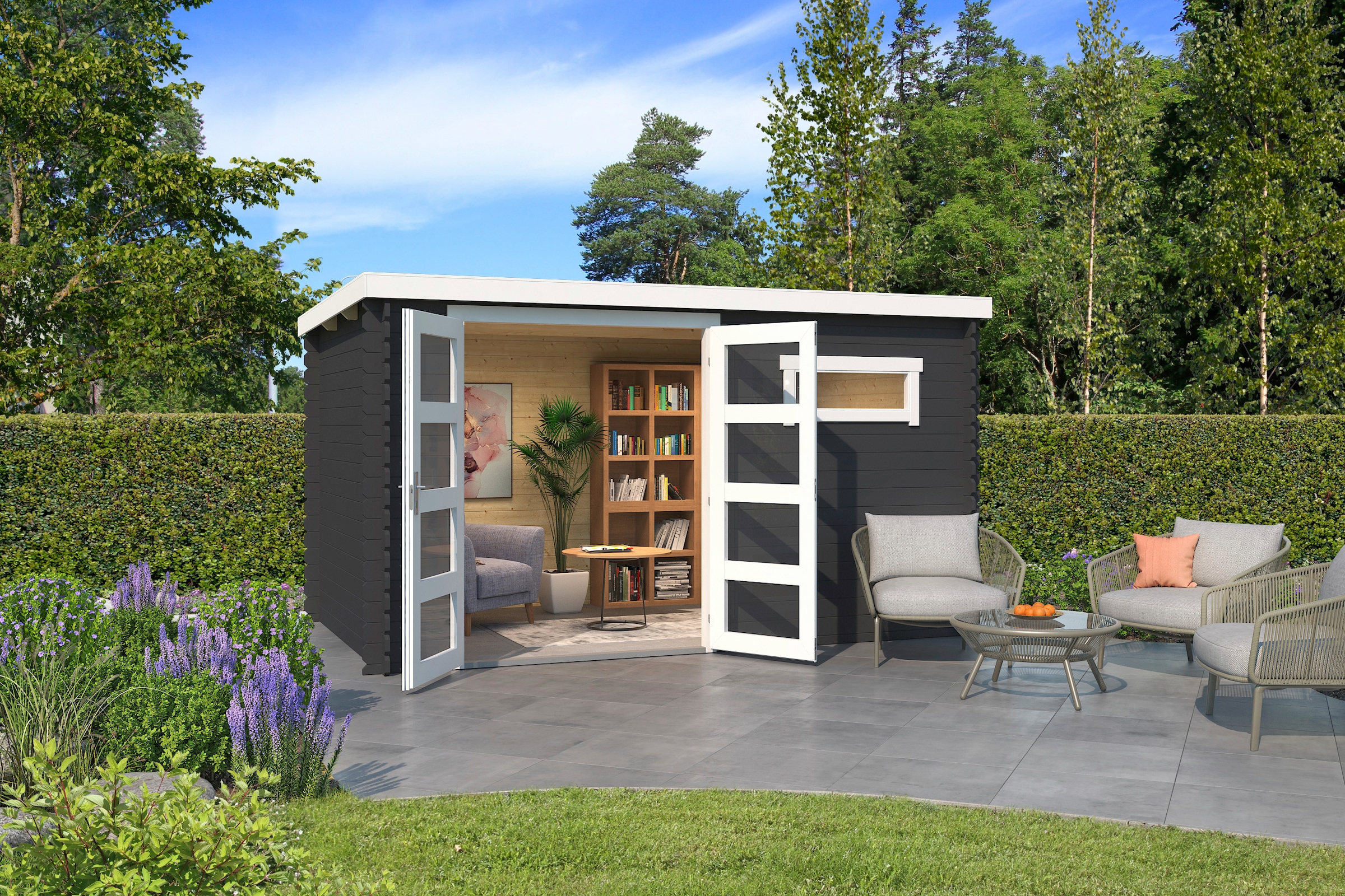 LASITA MAJA Gartenhaus »Augusta«, Blochbohlenhaus 28mm, Fundamentmass 3800x2300, Carbongrau