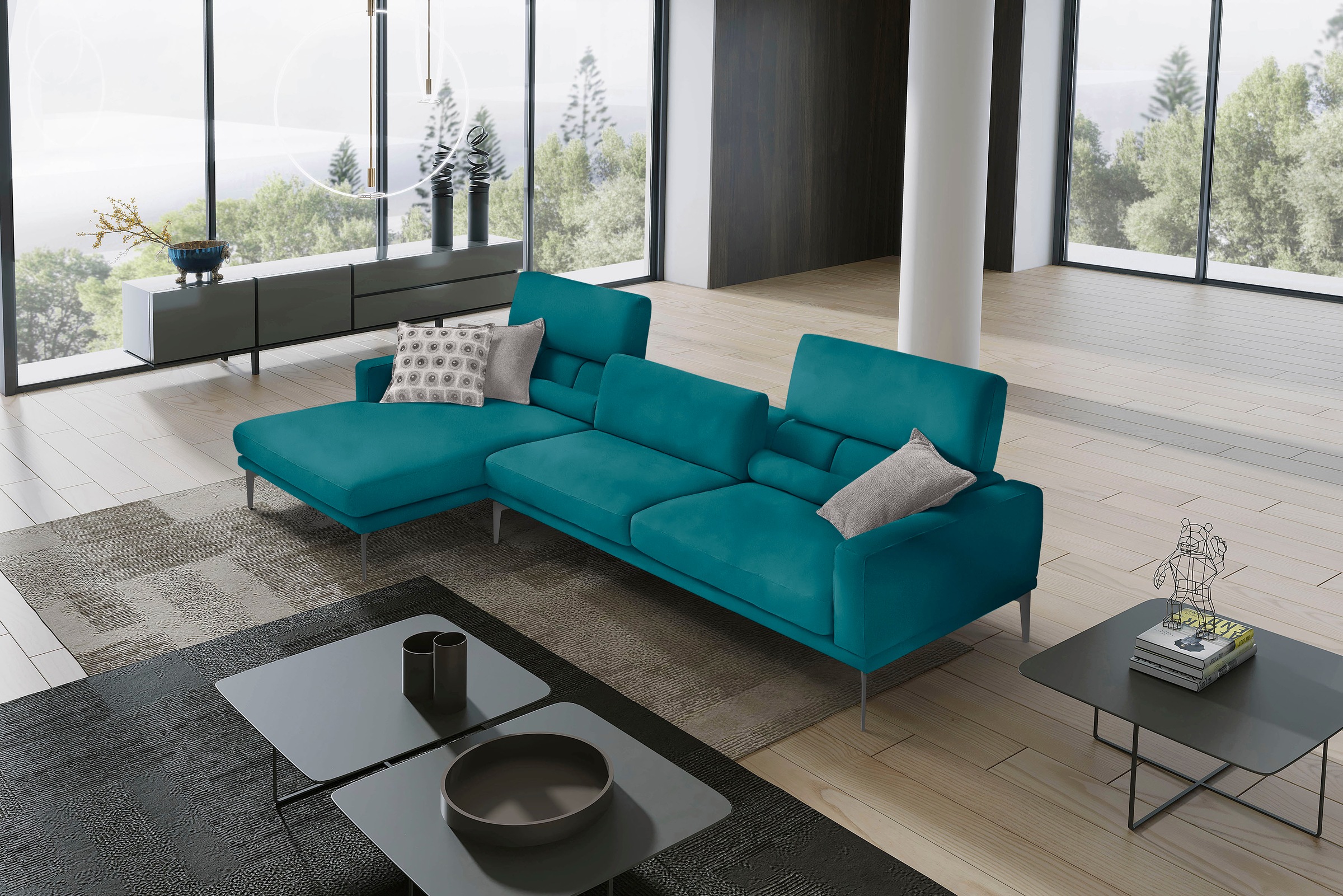 Egoitaliano Ecksofa »Masu, Design trifft sensationellen Sitzkomfort«, inkl. 2 Kissenrollen, Rückenelemente manuell verstellbar, Metallfüße