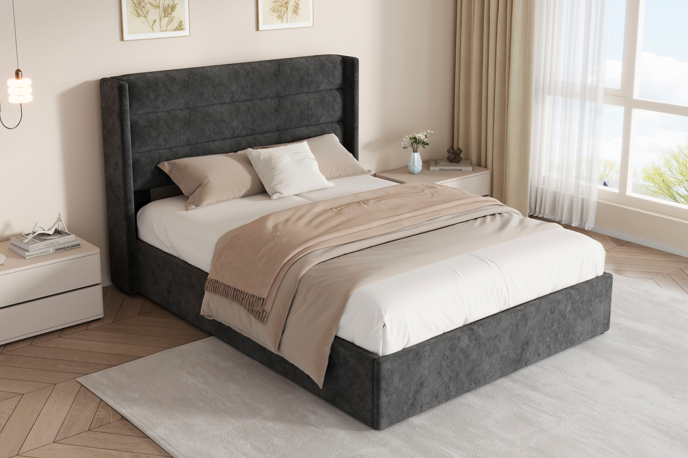 OTTO home Polsterbett »ROMMINA, Polsterbett mit Bettkasten in den Breiten 140cm & 180cm« Samtweicher Chenille-Bezug
