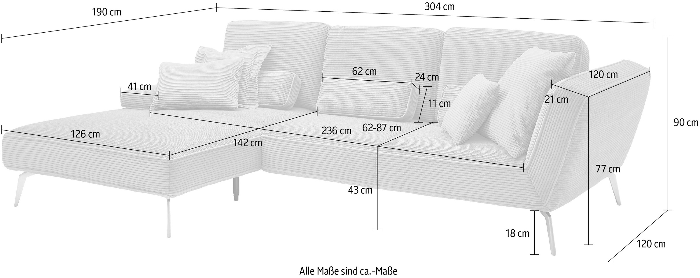 set one by Musterring Ecksofa »SO 4500, Füße schwarz matt, inkl Schwenkrückenfunktion, Cord, L-Form«, wahlweise mit Kopfstütze/Armteilverstellung/Rückenneigung