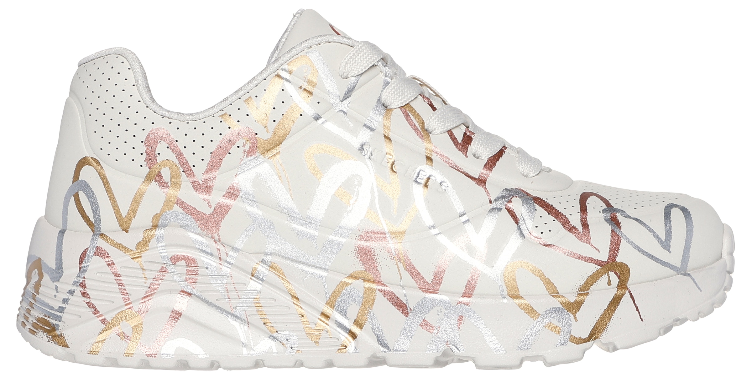 Skechers Plateausneaker »Skechers x JGoldcrown: Uno Lite - Metallic Love«, Schnürschuh, Keilsneaker mit Herzchen im Metallic Look bedruckt