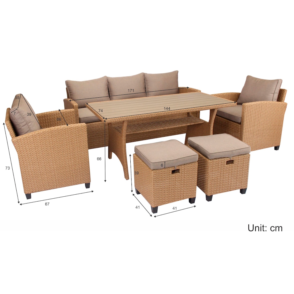 KONIFERA Gartenlounge-Set »Amsterdam«, (Set, 16 tlg., 1x 3er Sofa, 1x 2 Sessel, 2x Hocker, 1xTisch 144,5x74x67cm,Polyrattan), Stahl, Ablagefläche unter dem Tisch, Diningset, Loungeset