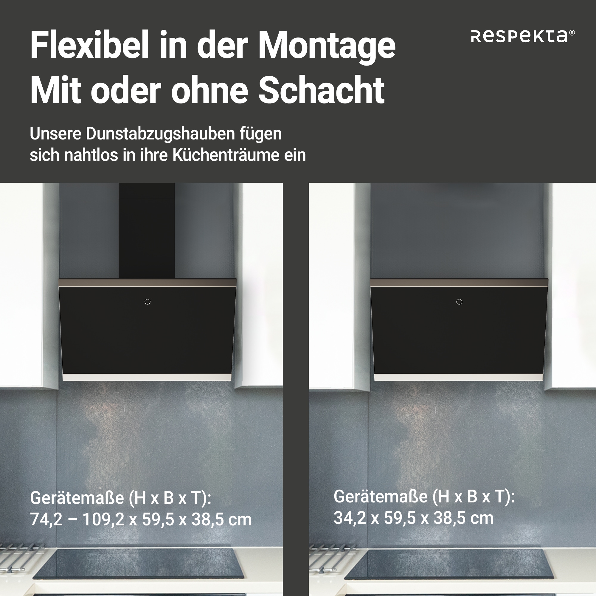 RESPEKTA Kopffreihaube »CH89060S«, 60 cm, 9 Leistungsstufen, LED-Beleuchtung, Ab- und Umluftfähig