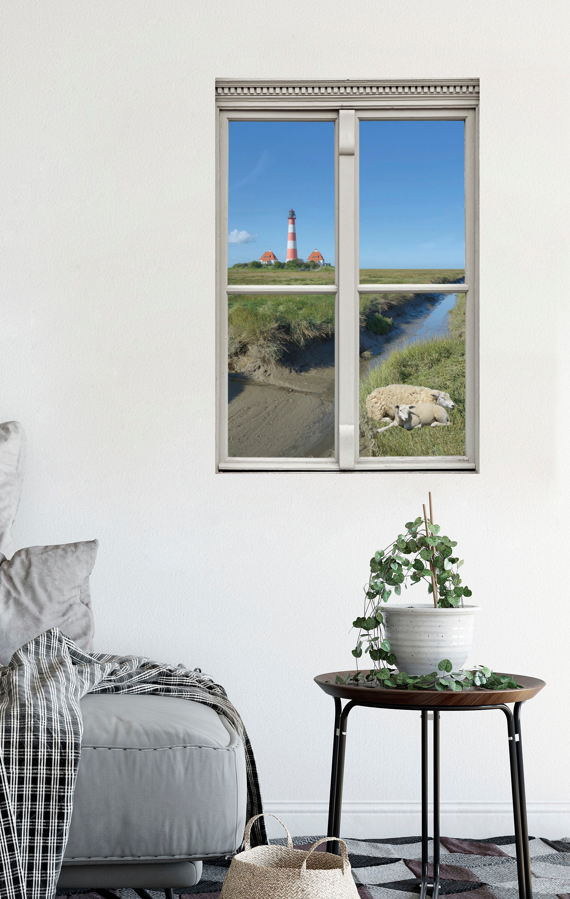 queence Wandsticker »Schafe und Leuchtturm«, Wandsticker, Wandbild, selbstklebend, 3D, Fenster