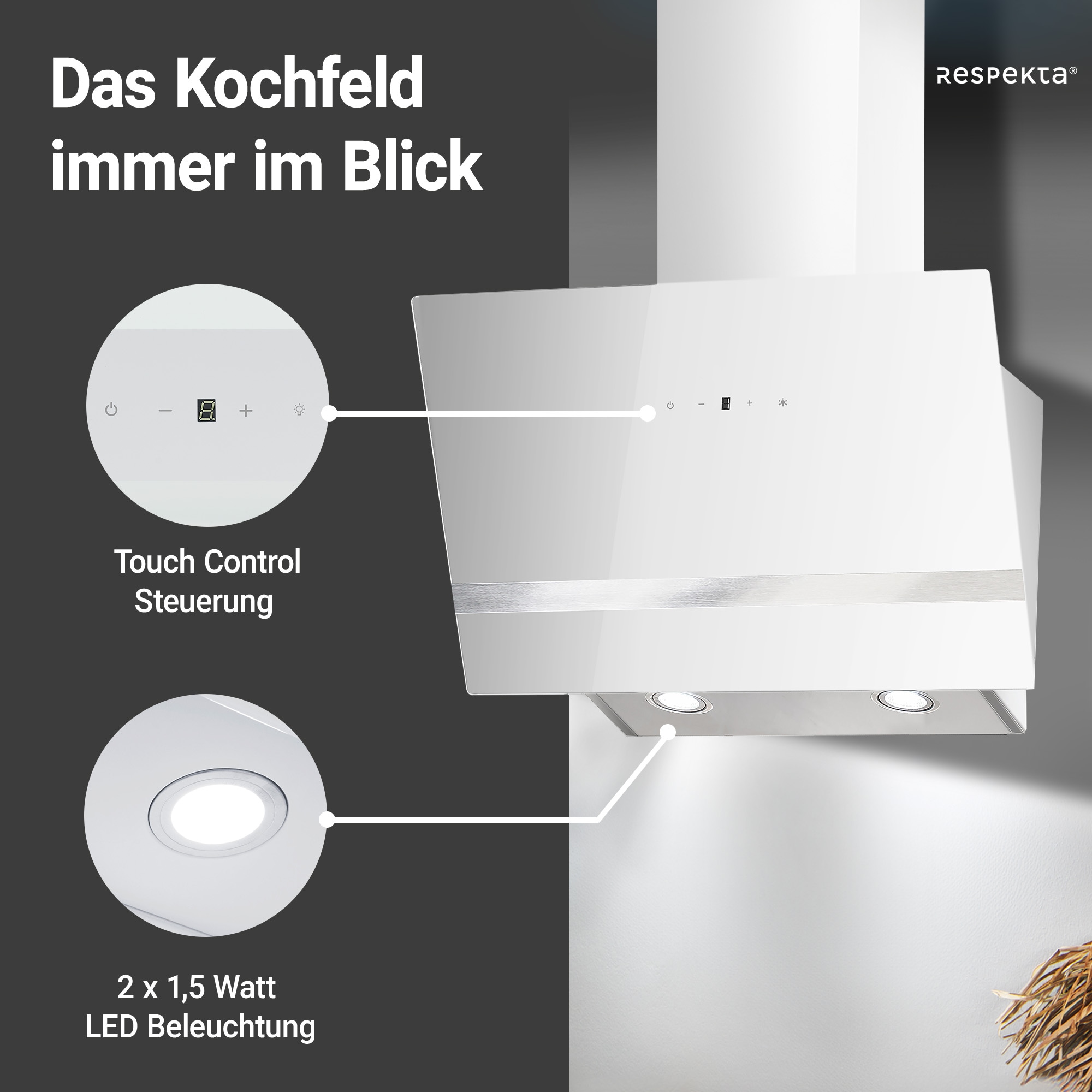 RESPEKTA Kopffreihaube »CH 24060 WAM«, 60 cm, 3 Leistungsstufen, LED-Beleuchtung, Ab- und Umluftfähig