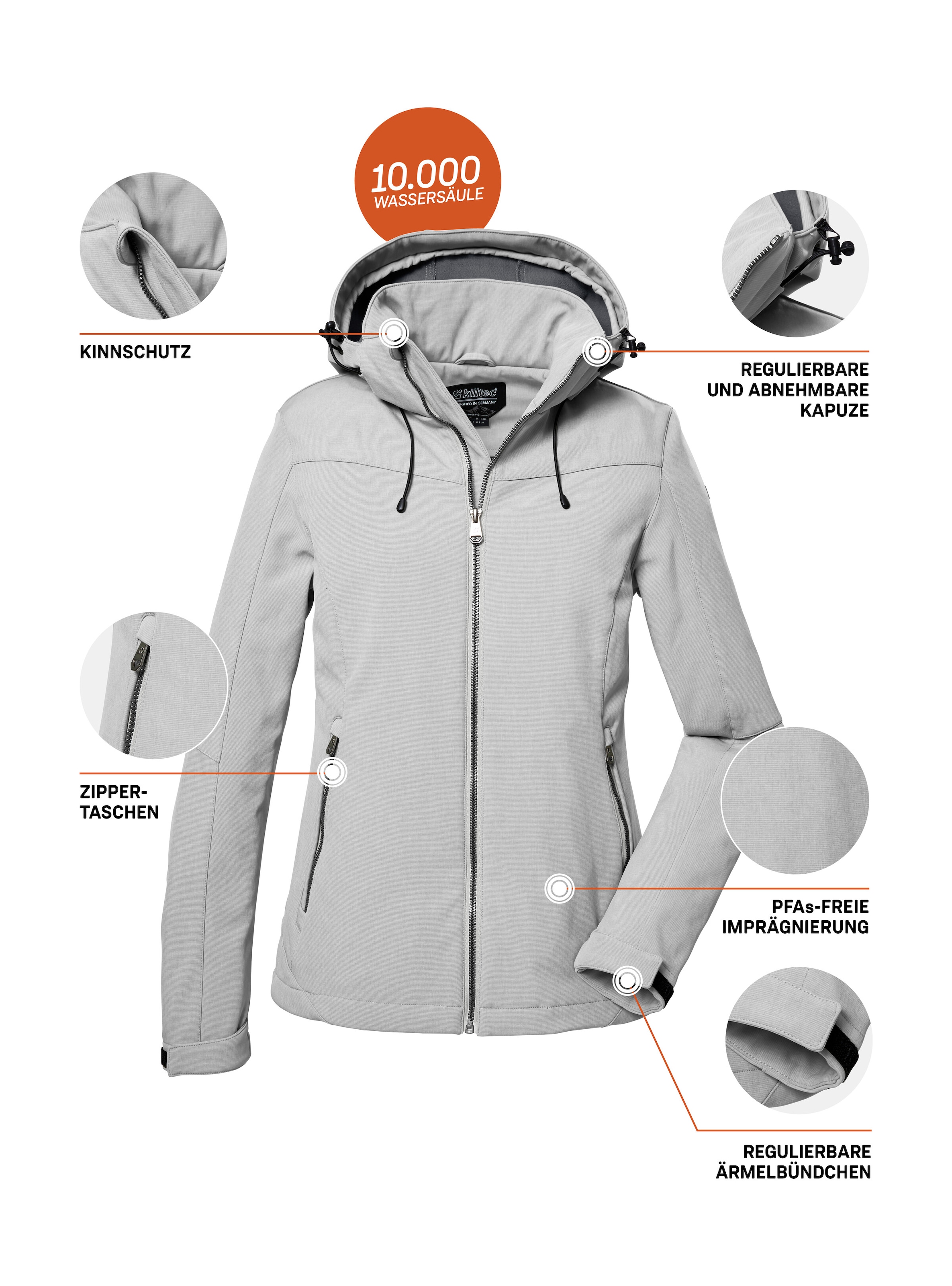 Killtec Softshelljacke »Damen Softshelljacke«, Wasserabweisende, winddichte Softshelljacke mit abnehmbarer Kapuze