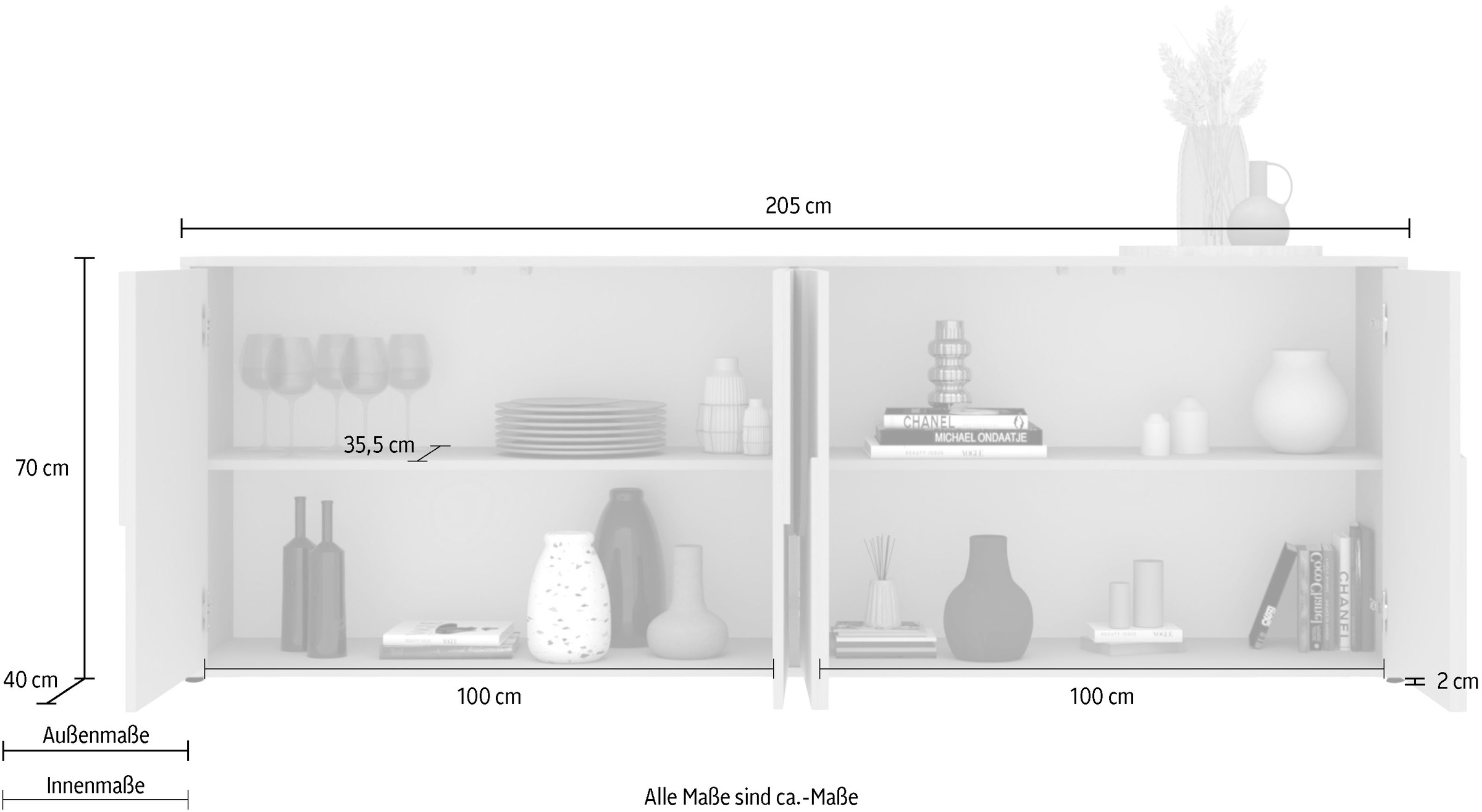 INOSIGN Sideboard »Stone, 205 cm breit, 4  Türen,  Anrichte, Kommode, Stauraumschrank« 3D-Design, Push-to-open, Innenraum großzügig, Füße 14/2 cm wählbar