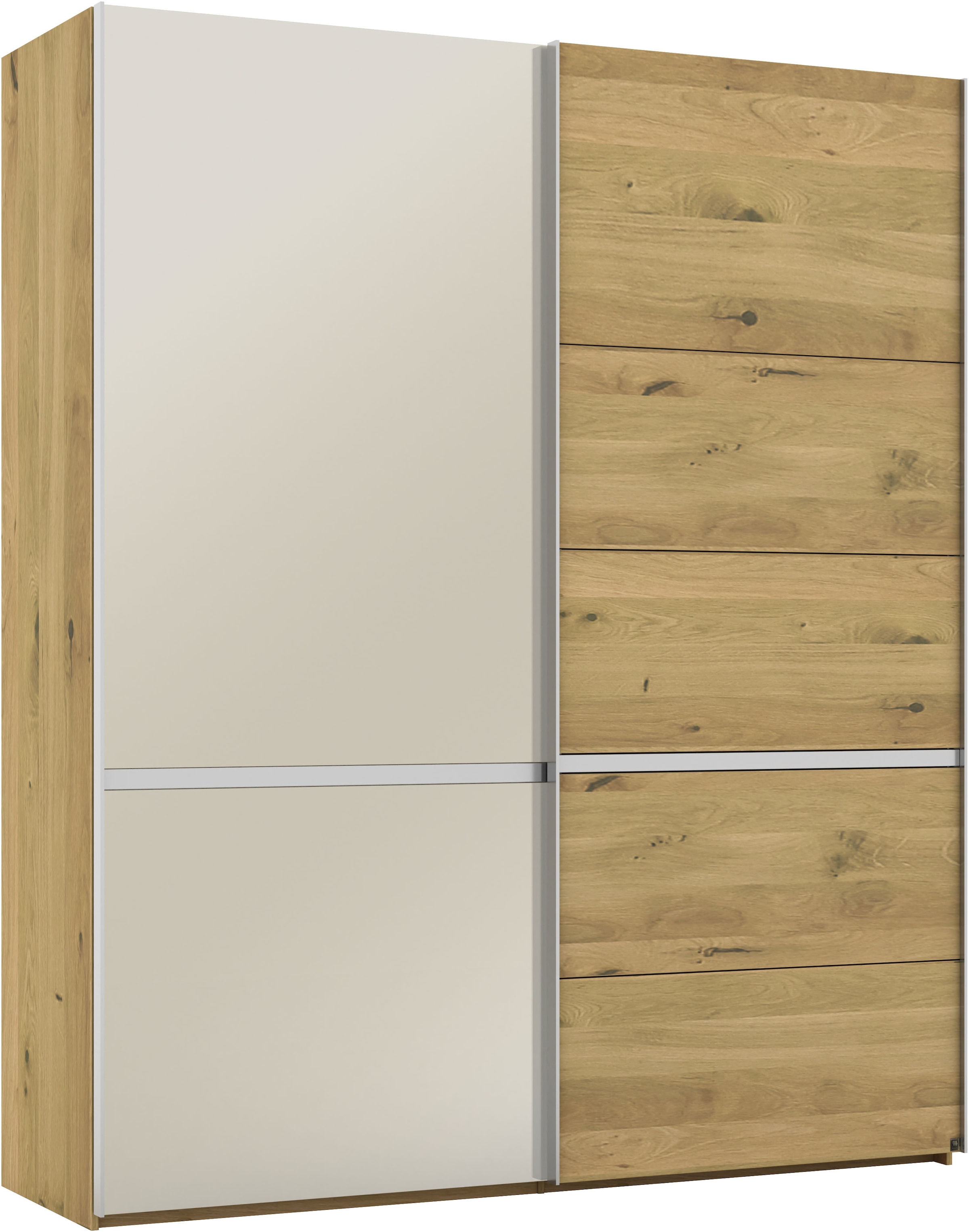 Musterring Schwebetürenschrank »Savona, Kleiderschrank, Schrank, Garderobe, mit Schiebetüren«, (Teilmassiv Bianco-Eiche, mit Spiegel oder Glas, MADE IN GERMANY), Türen Bianco-Eiche massiv, Spiegel-/Glastüren, eingelegte Chromleiste