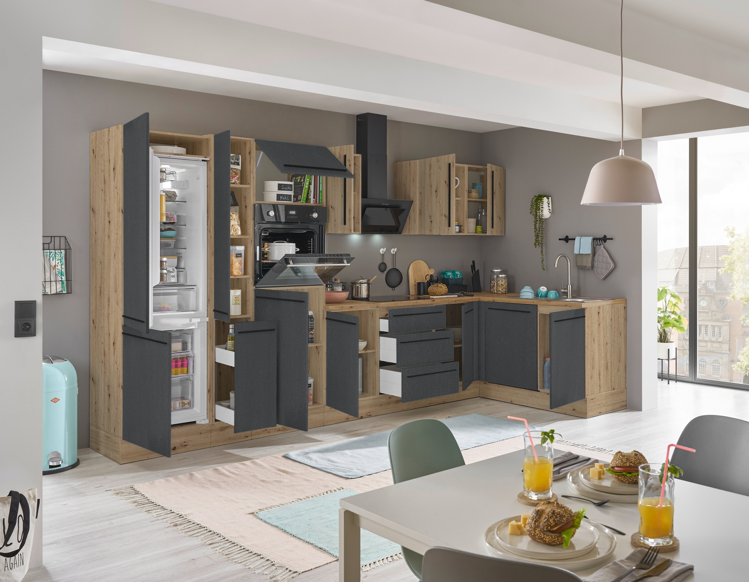 KOCHSTATION Winkelküche »Florida, Stellbreite 370x175 cm« wahlweise mit E-Geräten, mit Softclose für Türen und Schubkästen