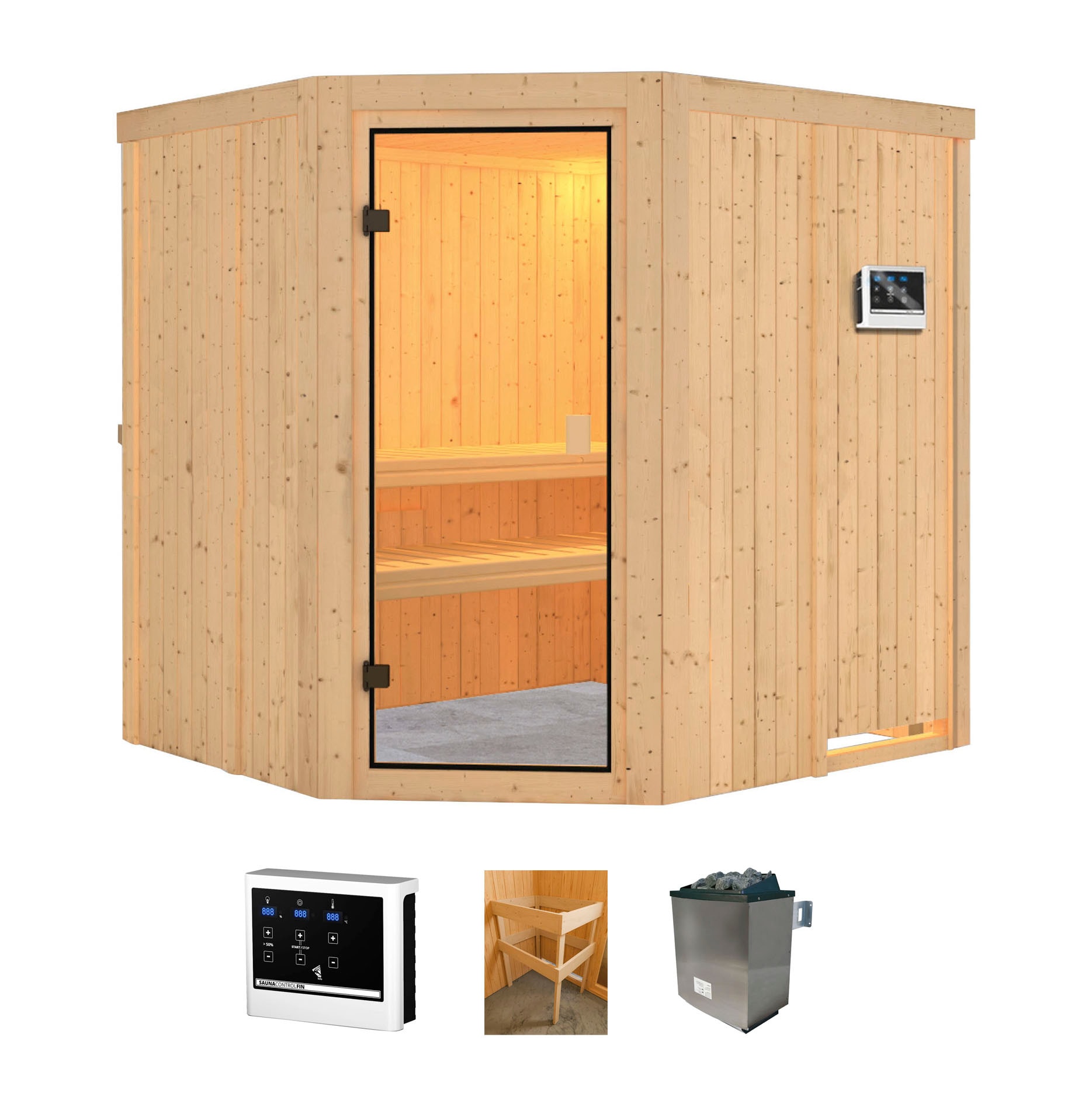 Sauna „Jupiter“, (Set), 9 kW-Ofen mit ext. Steuerung naturbelassen