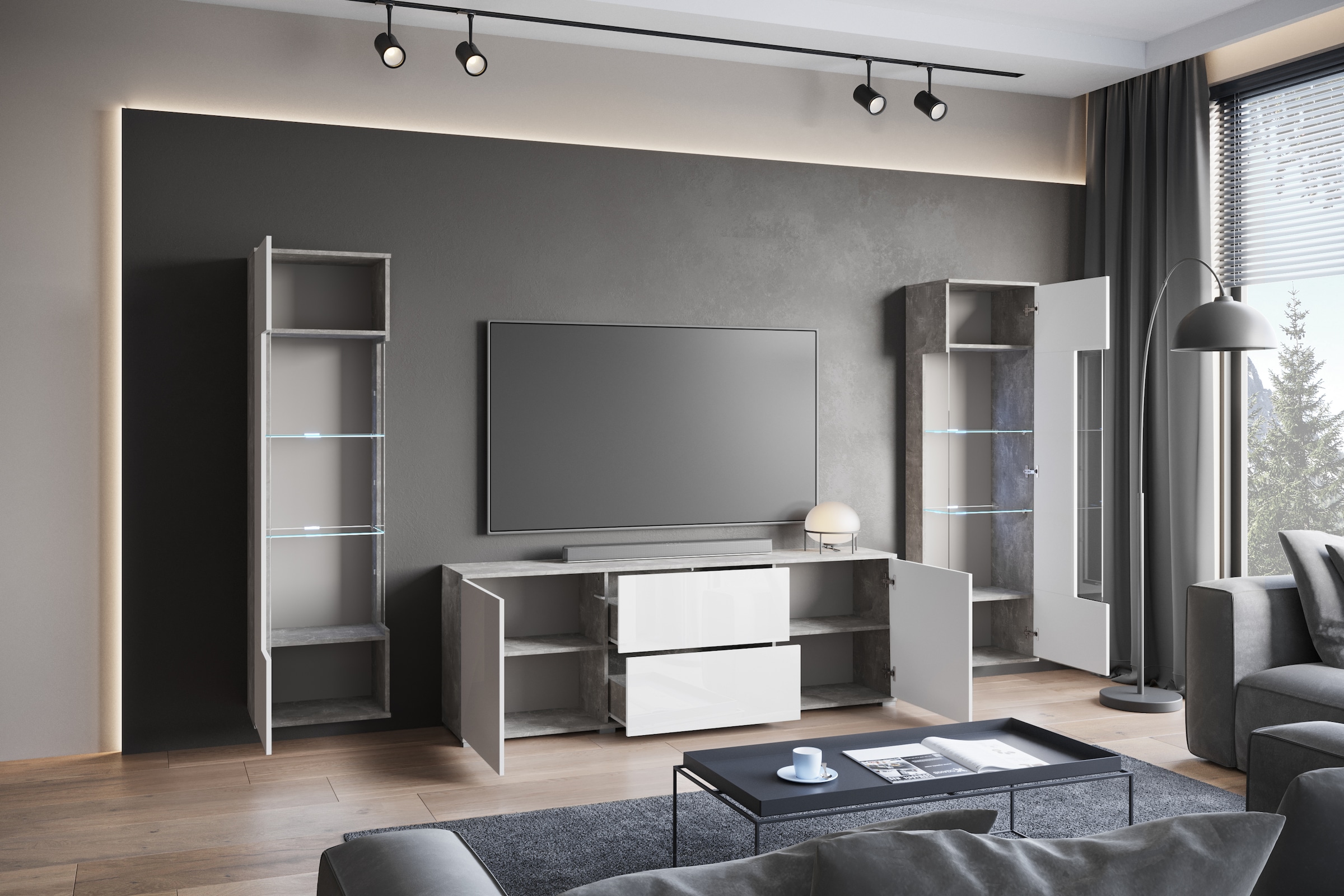 INOSIGN Wohnwand »KENIA«, (Komplett-Set, 3 St.), Vitrinen mit Eckverglasung, hängend und stehend montierbar
