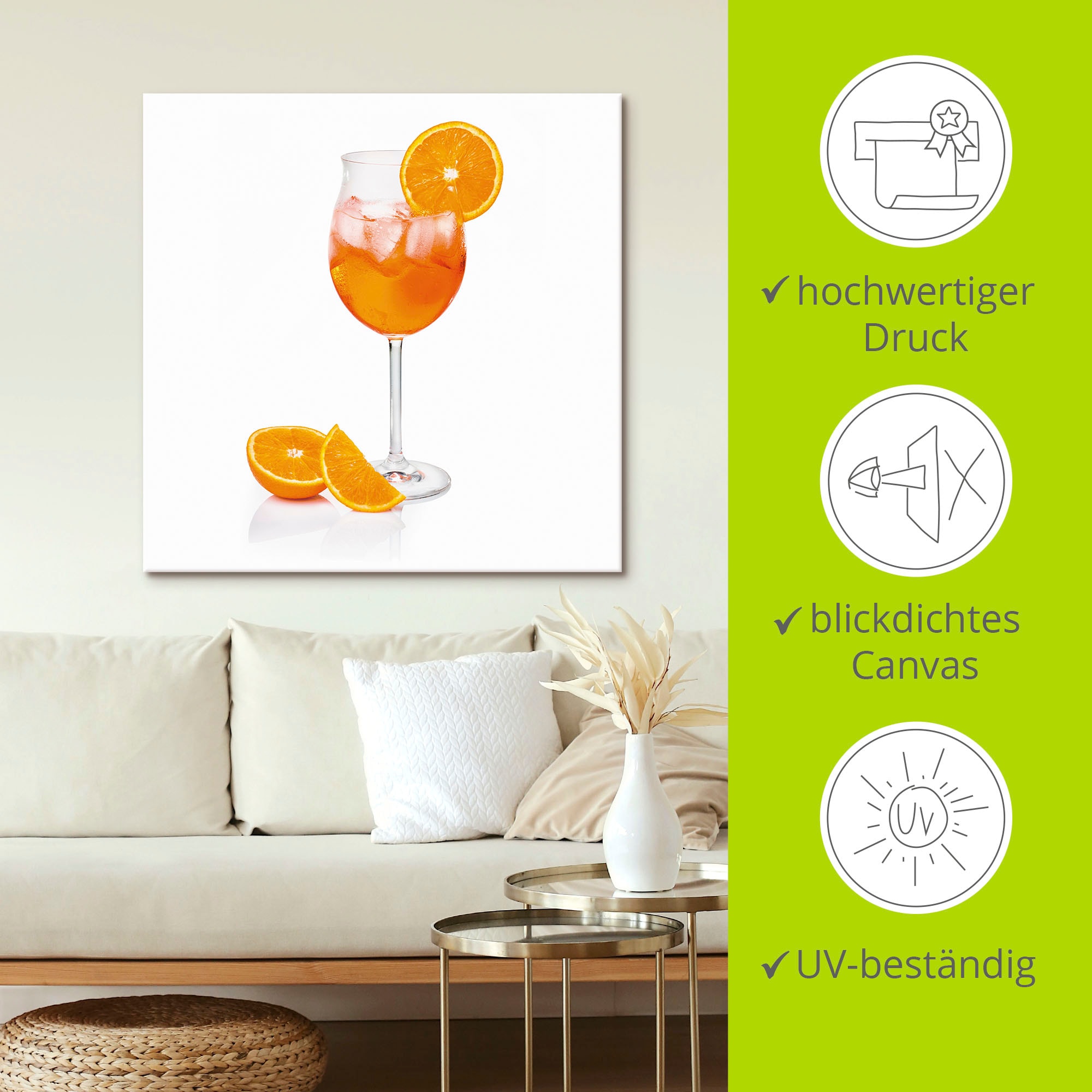 Artland Wandbild »Aperol Spritz mit einer Scheibe Orange«, Getränke, (1 St.), als Alubild, Outdoorbild, Leinwandbild, Poster, Wandaufkleber
