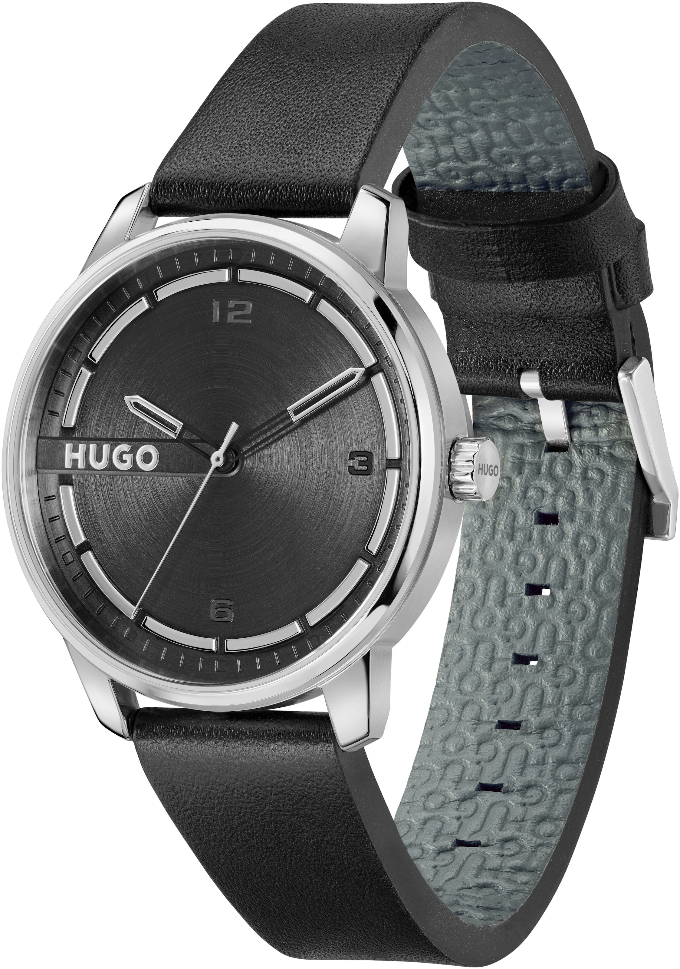 HUGO Quarzuhr »#STAMP«, Armbanduhr, Herrenuhr, analog, Lederarmband