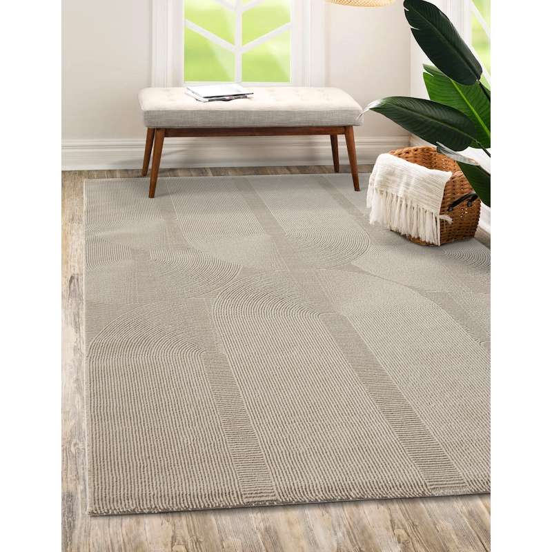 THE CARPET Teppich »Lima« rechteckig 12 mm Höhe Designer Teppich Flor 1 recyceltem Polyester waschbar Beige Obermaterial: 100% Polyester B : 120 cm...