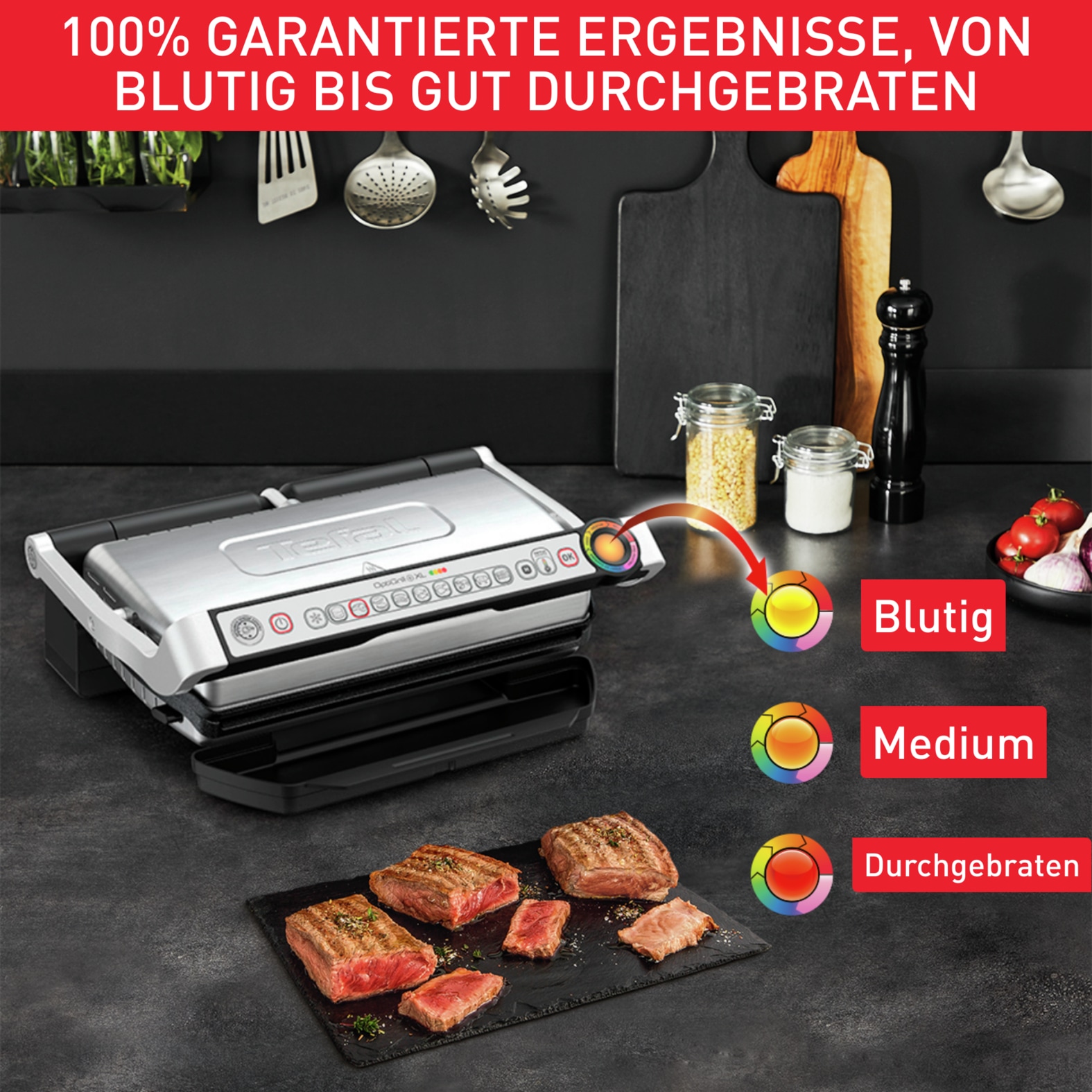 Tefal Kontaktgrill »OptiGrill+ XL inkl. Backschale, manueller Modus mit 4 Temperaturen«, 2000 W, 9 automatische Kochprogramme, spülmaschinengeeignete Platten, GC724D