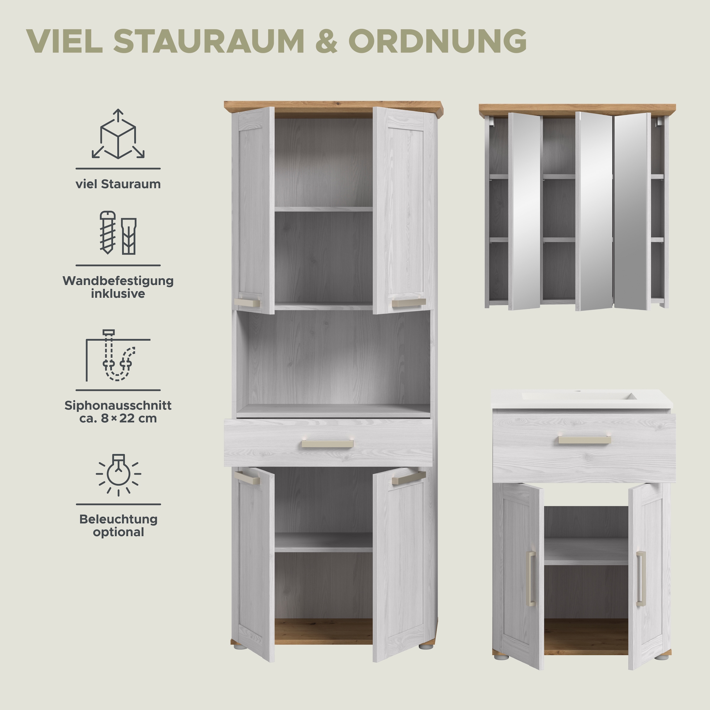 welltime Badmöbel-Set »COSENZA« 1 Hochschrank, 1 Waschtisch inkl. Waschbecken, 1 Spiegelschrank, 3 Stk. tlg.