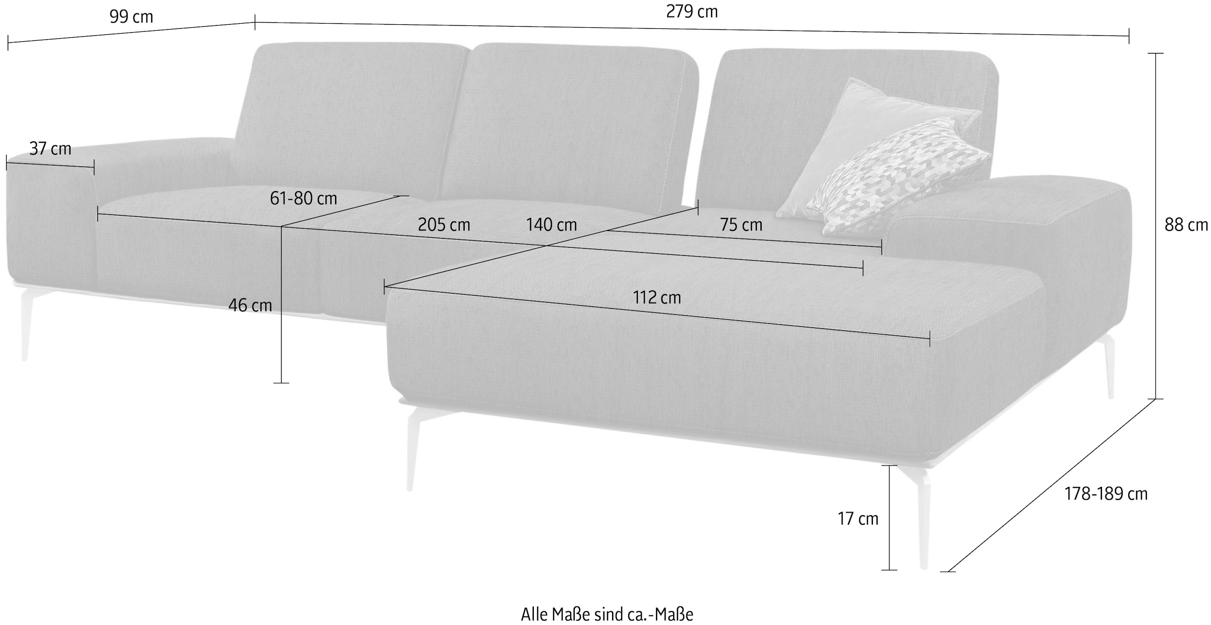 W.SCHILLIG Ecksofa »run, Designsofa mit tollem Sitzkomfort, bequem, L-Form«, mit Holzsockel, Füße in Schwarz pulverbeschichtet, Breite 279 cm