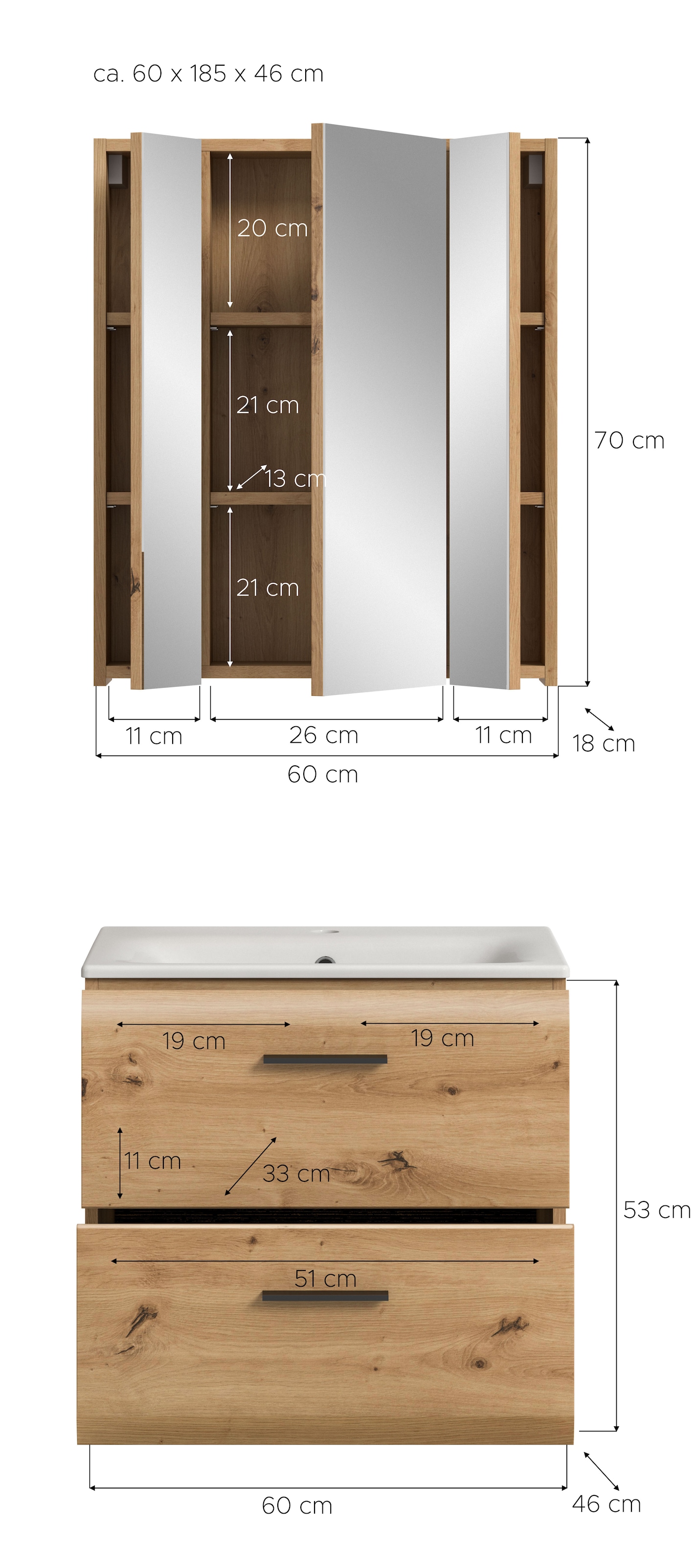 INOSIGN Badezimmer-Set, (Set, 3 St.), Florenz, Badkombination 3-tlg., Artisan Oak NB, inkl. Waschbecken