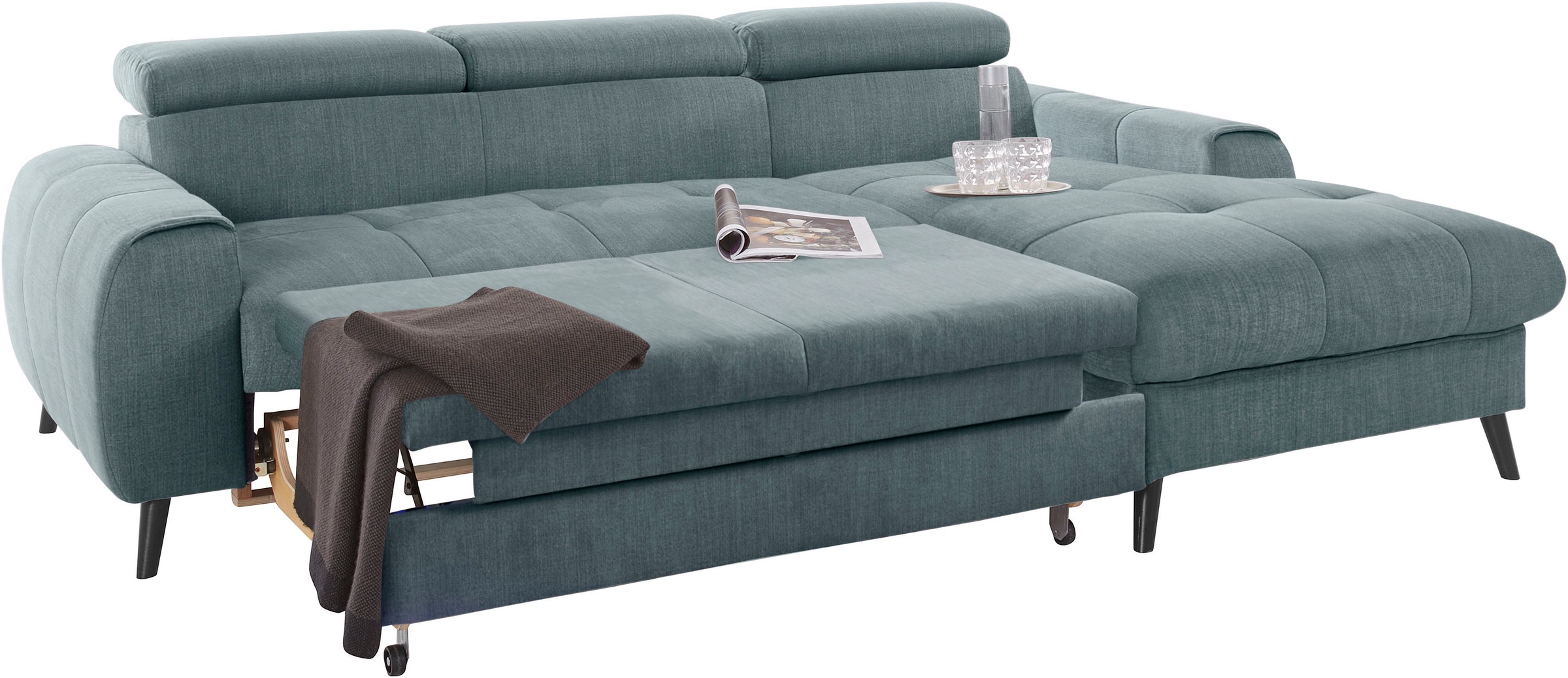 COTTA Ecksofa »Mia L-Form mit 3 Zierkissen«, wahlweise mit Bettfunktion, Bettkasten, Beleuchtung & Wireless-Charger