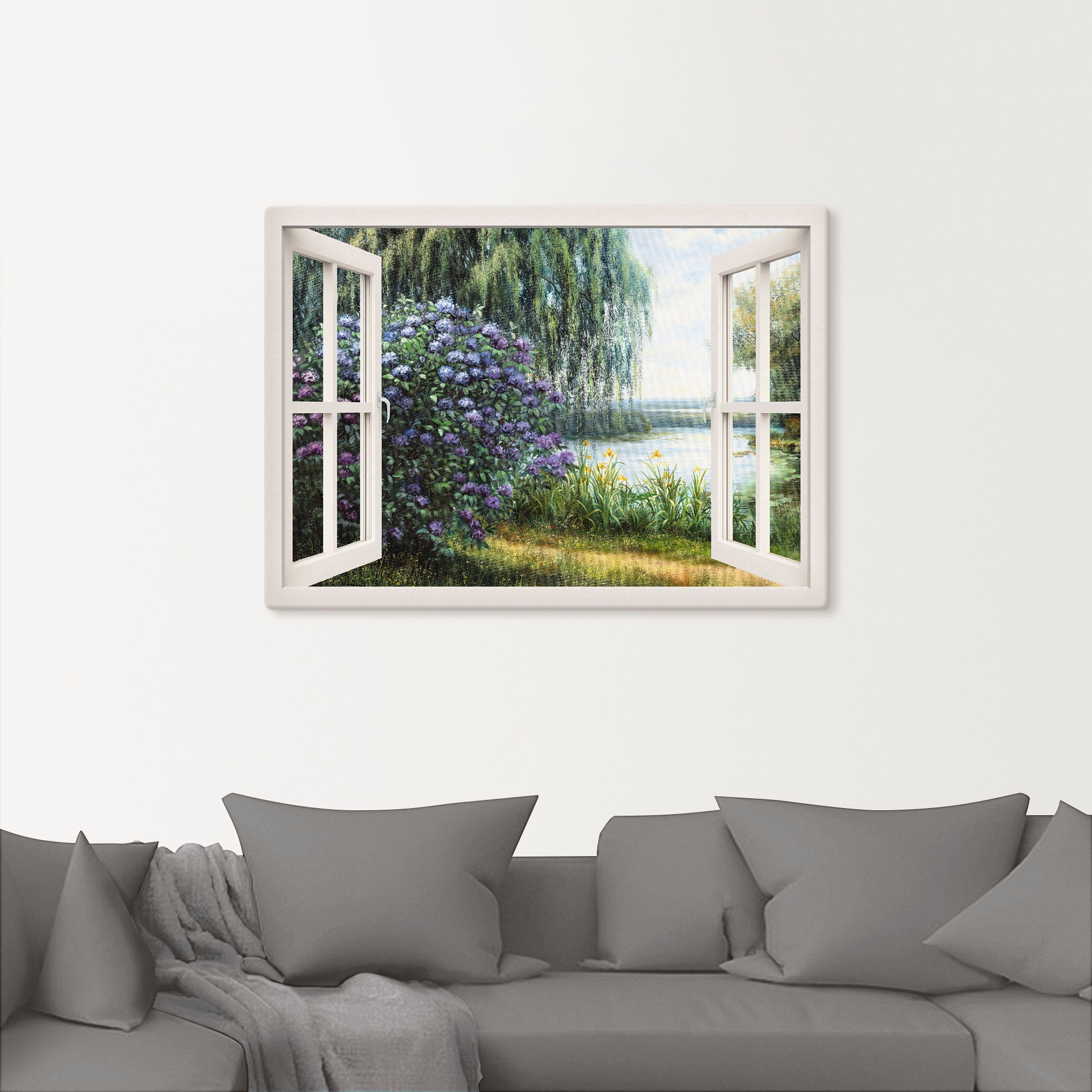 Artland Wandbild »Hortensien am See«, Fensterblick, (1 St.), als Leinwandbild, Poster, Wandaufkleber in verschied. Größen
