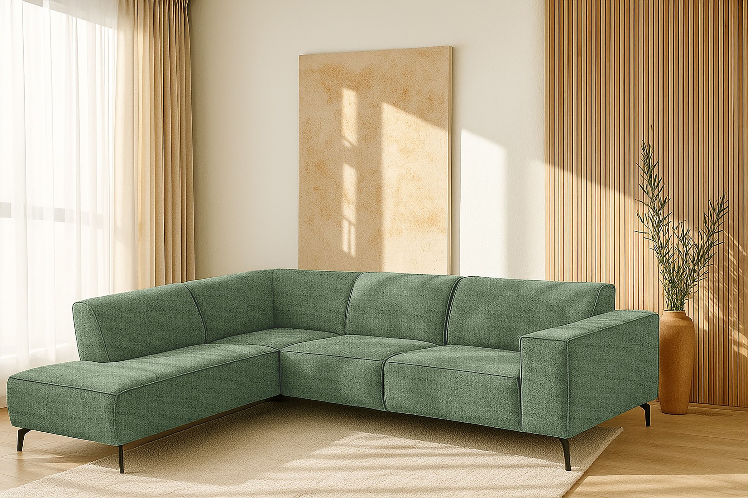 PLACES OF STYLE Ecksofa »Lorcan, Breite 275 cm, weiches Sitzgefühl« Massivholz- oder Metallfüße, Lederoptik, Struktur, Chenille, Boucle