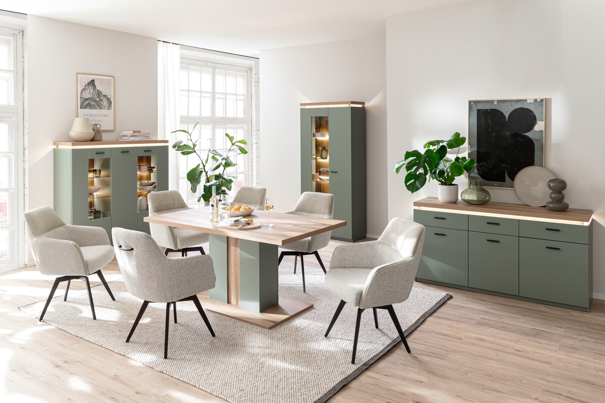 MCA furniture Esstisch »Moniz Säulenesstisch mit Bodenplatte«, (1 St.), Tisch, Eiche, Salbeigrün,belastbar 50kg, Breite 160cm,4-6 Personen
