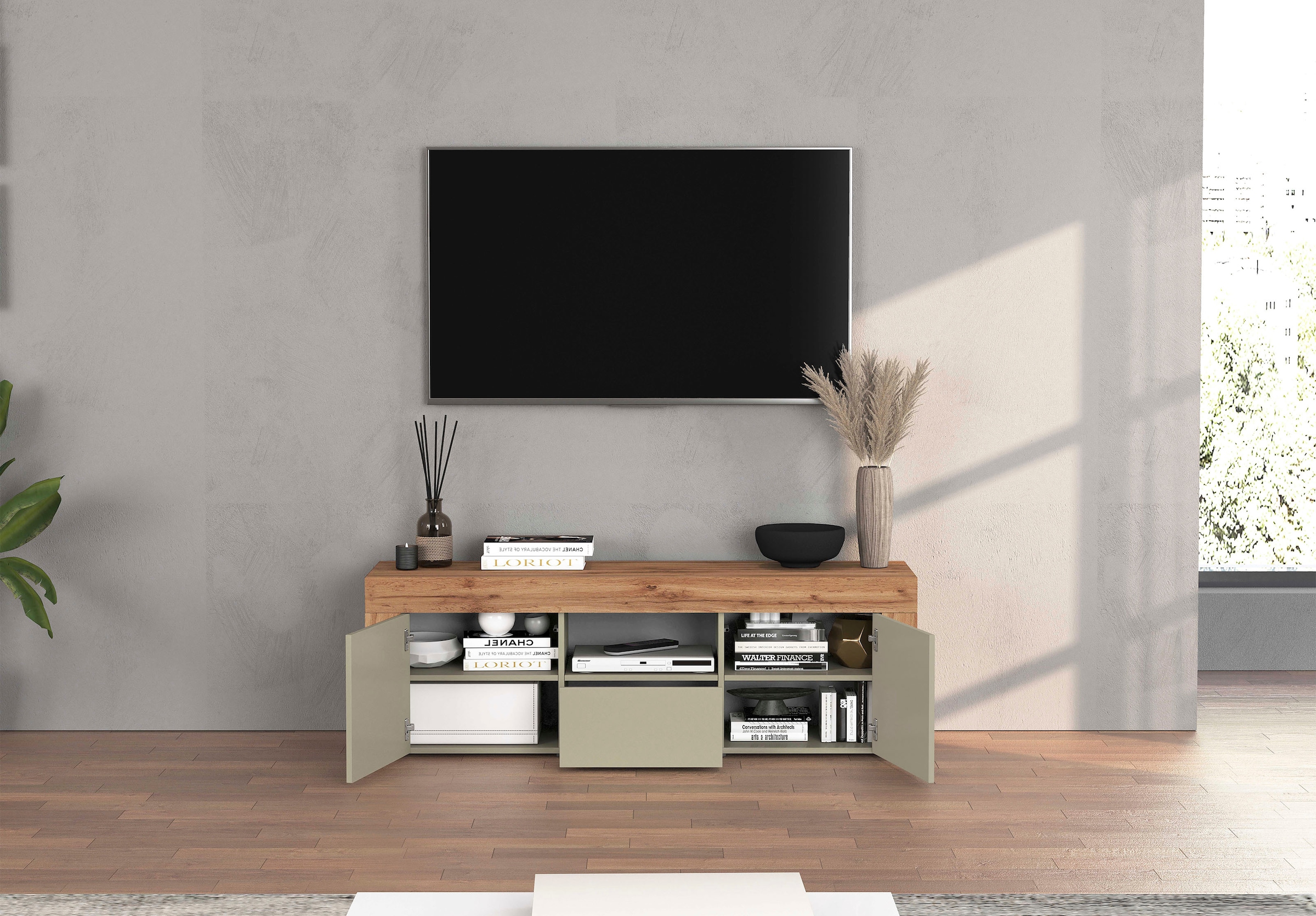INOSIGN Lowboard »CHRONOS Breite 155 cm mit 2 Türen, 1 Schublade,1 offenes Fach«, (1 St.), TV-Board, Sideboard niedrig, Grifflos mit Push to Open 'Made in Italy'