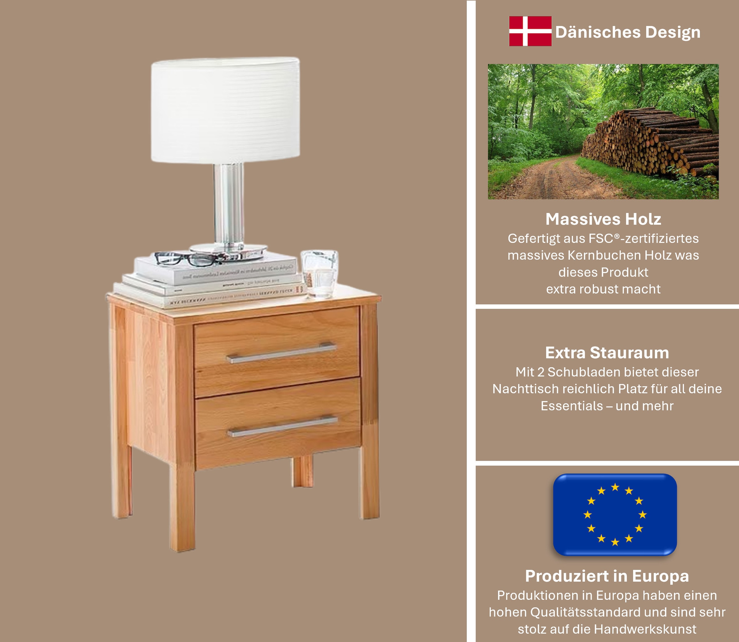 Home affaire Nachtkonsole »Modesty«, aus massivem Kernbuchen Holz, mit 2 Schubladen, Breite 45 cm
