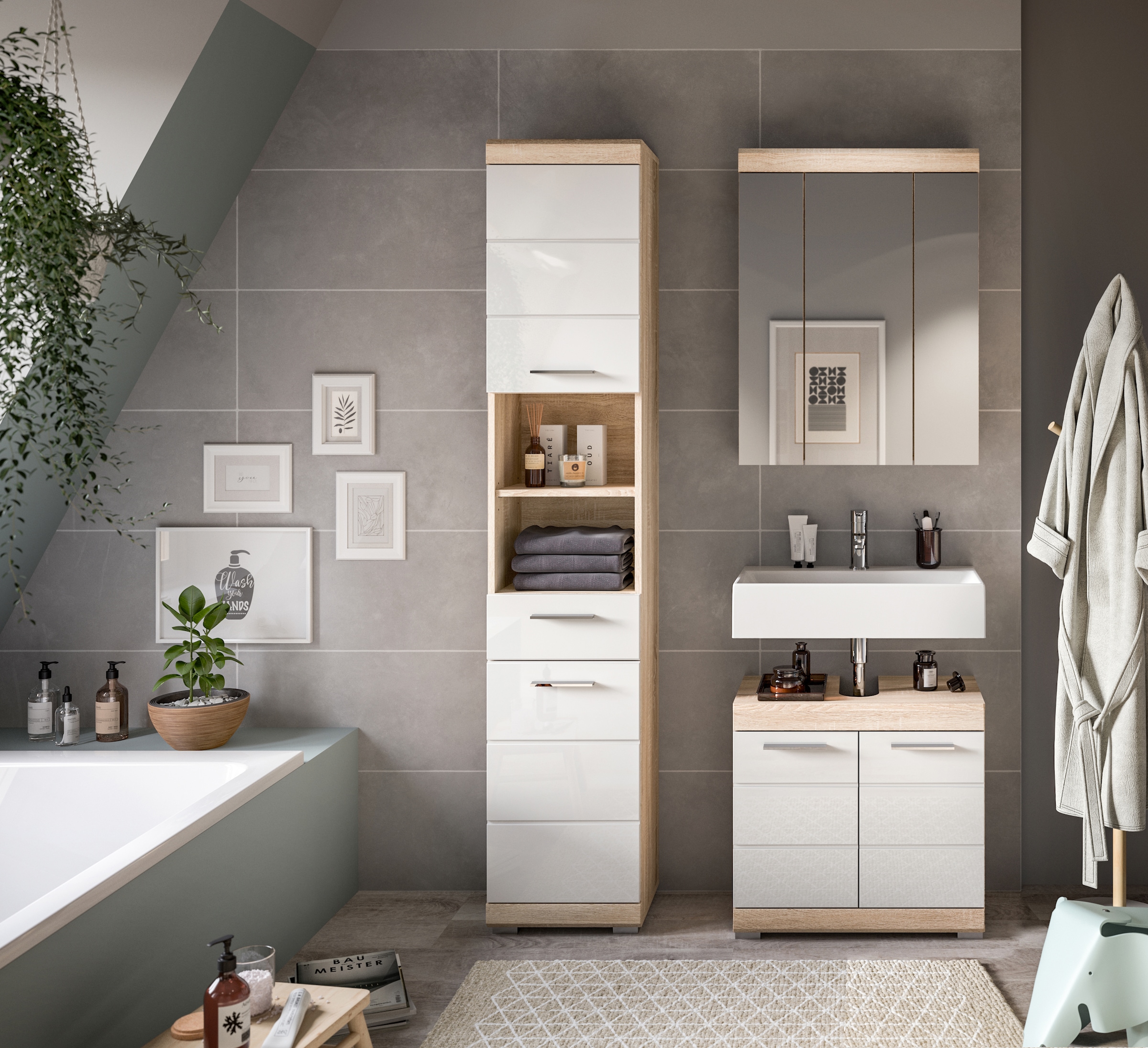 INOSIGN Badmöbel-Set »Siena, 3 teilig, bestehend aus:«, (Set, 3 St.), Hochschrank, Waschbeckenunterschrank, Spiegelschrank