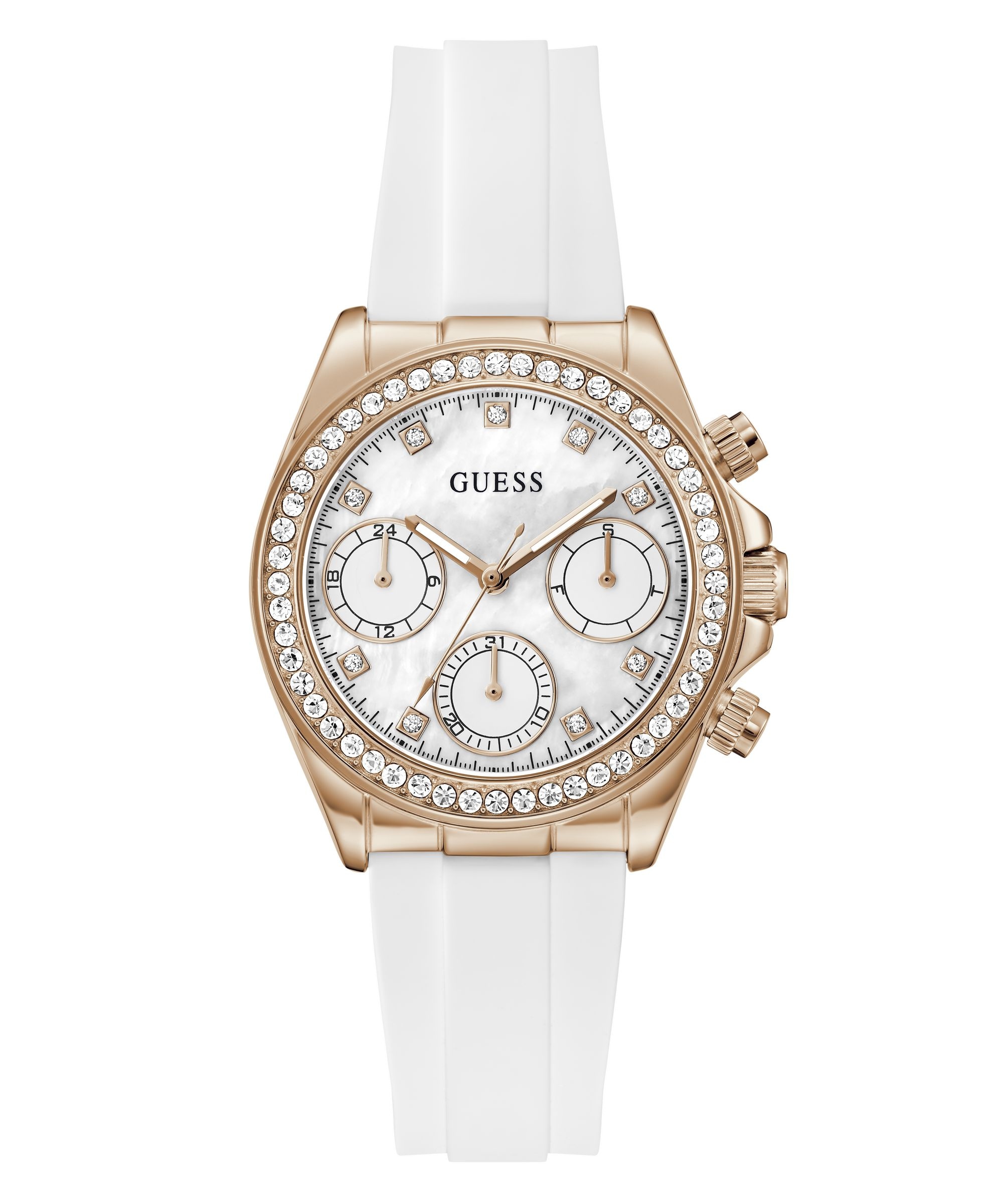 Guess Multifunktionsuhr »VICTORIA« Quarzuhr, Armbanduhr, Damenuhr, Silikonarmband, analog, Wochentag, Tag