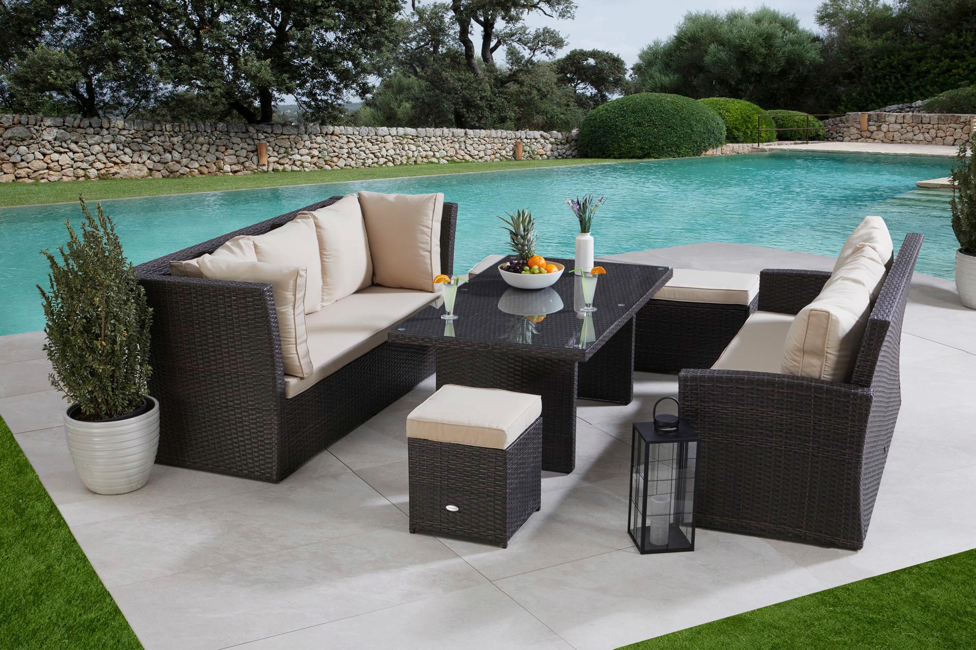 MERXX Gartenlounge-Set »Barcelona«, (5 tlg.), 2 Sofas, Sitzbank, Hocker, Tisch