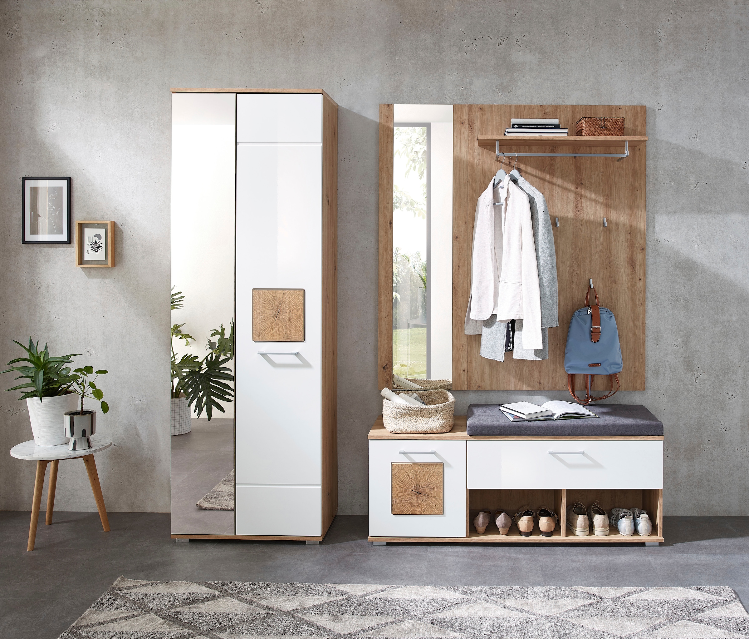 Innostyle Garderoben-Set »Fun Garderoben Set, 206x195x38cm (B/H/T)«, (1 St.), besteht aus 3 Typen,Spiegeltür,Sitzkissen
