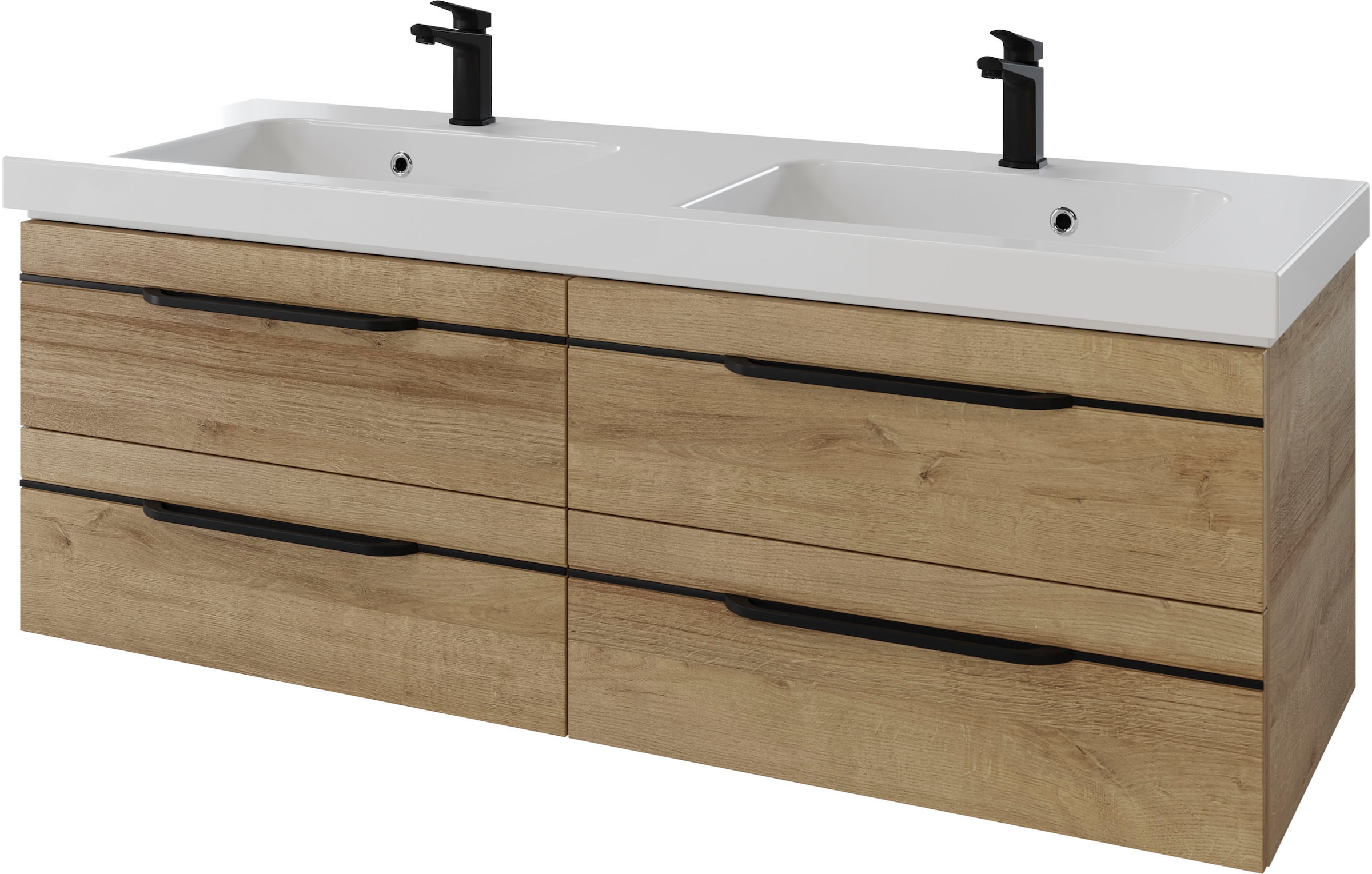Saphir Badmöbel-Set »Balto 2-teilig Mineralmarmor-Doppelwaschtisch mit LED-Spiegel«, (2 St.), Waschplatz 150 cm breit, 4 Schubladen, inkl. Schubladendämpfer