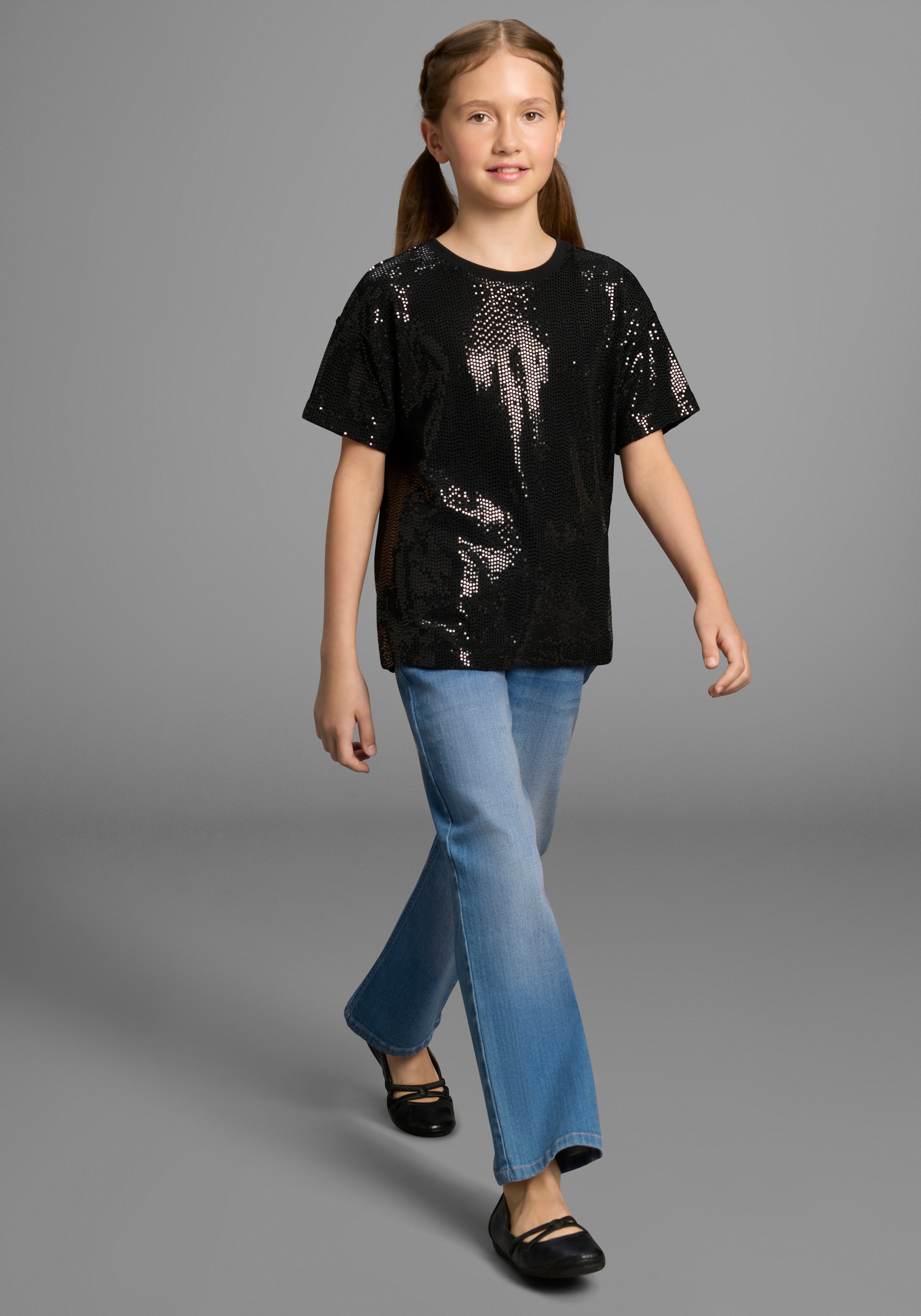 Bruno Banani T-Shirt »Oversize, Glitzershirt, Paillettenoptik« Für TEENS, Shirt aus glitzernden Material