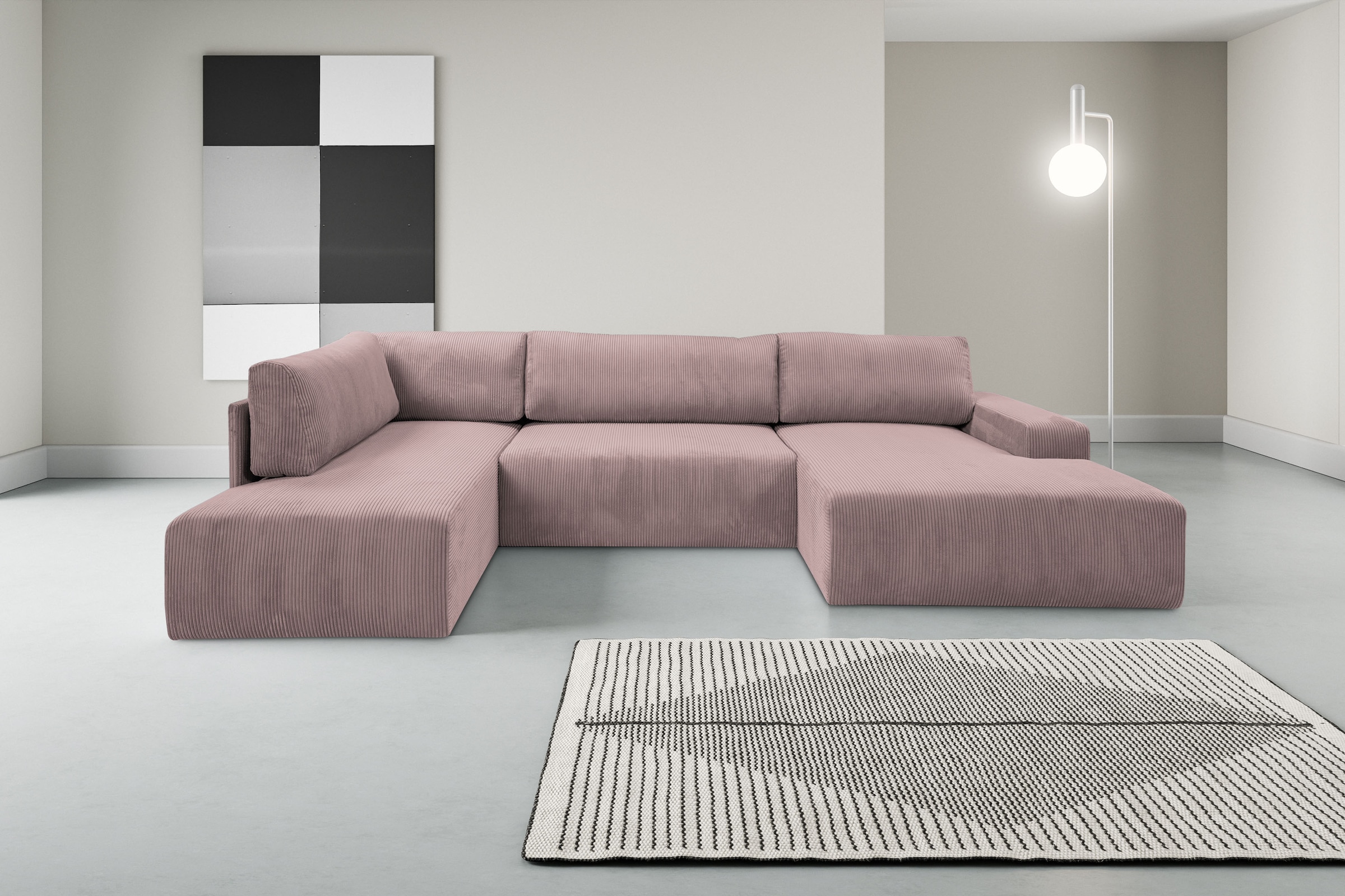 WERK2 Wohnlandschaft »Rotterdam 325 x 190 cm mit Bett und Bettkasten, bequem, viel Platz« Cord, U-Form, XXL, Schlaffunktion, Bettkasten