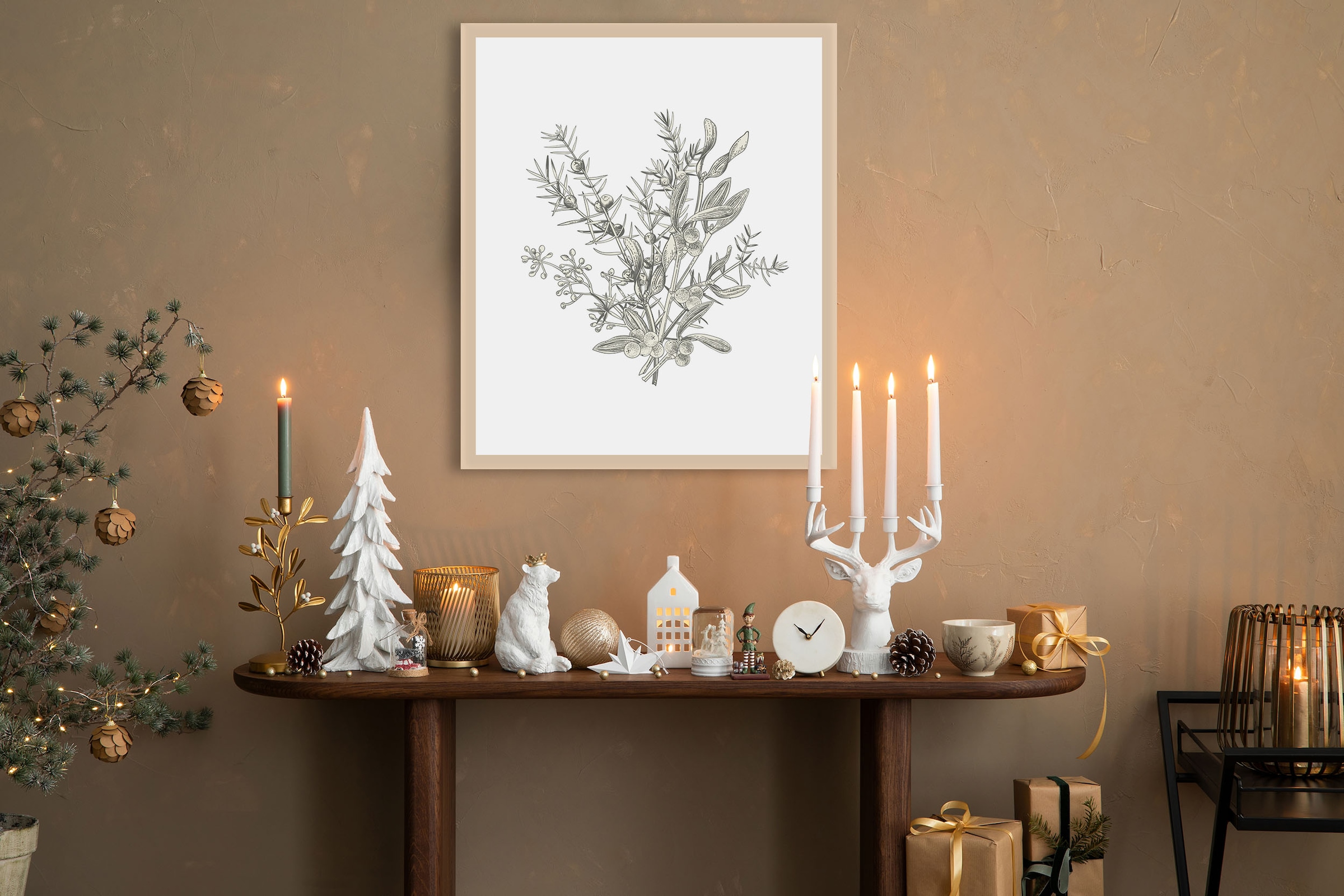 queence Bild mit Rahmen »Nistelzweig beige«, Jahreszeiten-Pflanzen-Pflanzenbilder-Weihnachten, (1 St.), Premium Rahmenbild, liebevolle Handarbeit