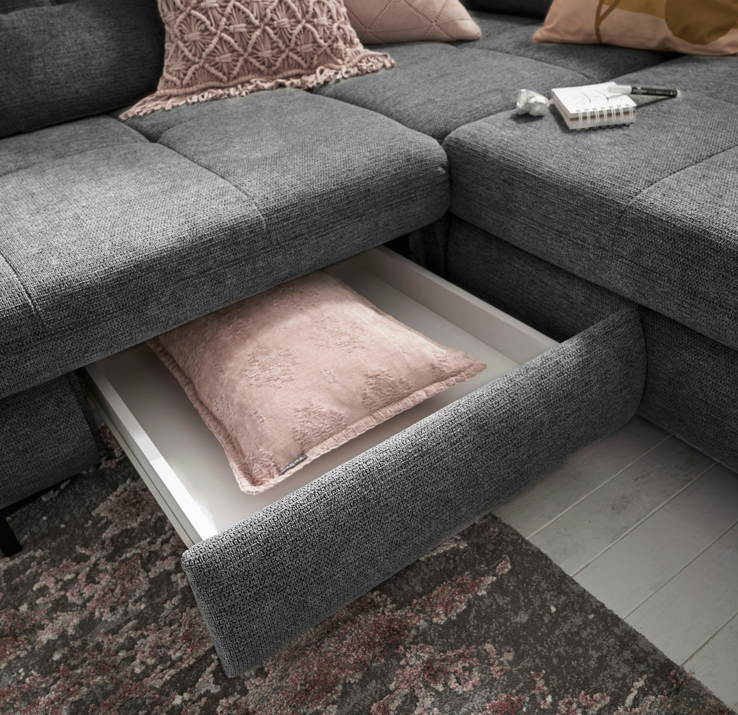 set one by Musterring Ecksofa »SO 3400 Sitzhöhe 47cm oder 49cm, Sitztiefe verstellbar, B/T 317/220 cm«, Kaltschaumpolsterung, Flachgewebe, whlw. mit Funktionen, Sitzhöhe 47