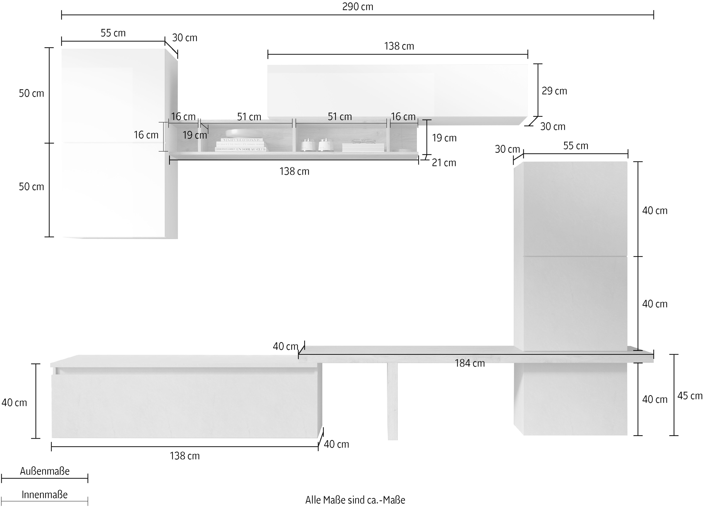 INOSIGN Wohnwand »INFINITY, 9tlg. Breite 290 cm, Höhe variabel, Schrankwand (Lowboard,«, T-Boden, 4x Hängewürfel, Würfel-Element, Wandregal, Hängeschrank)
