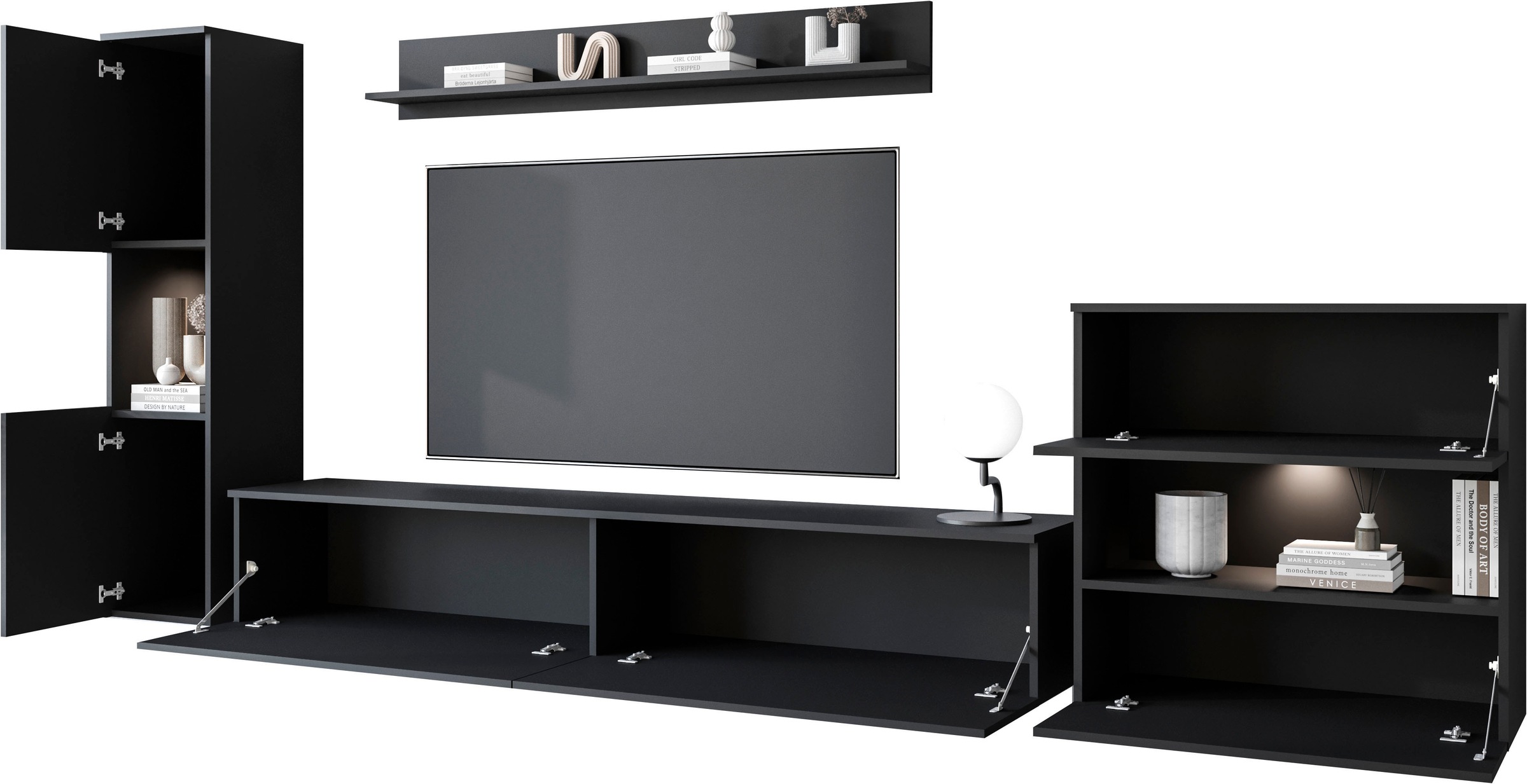 INOSIGN Wohnwand »PARIS«, (Komplett-Set, 4 St.), TV-Wand 300cm breite, grifflose Design, stehend und hängend montierbar