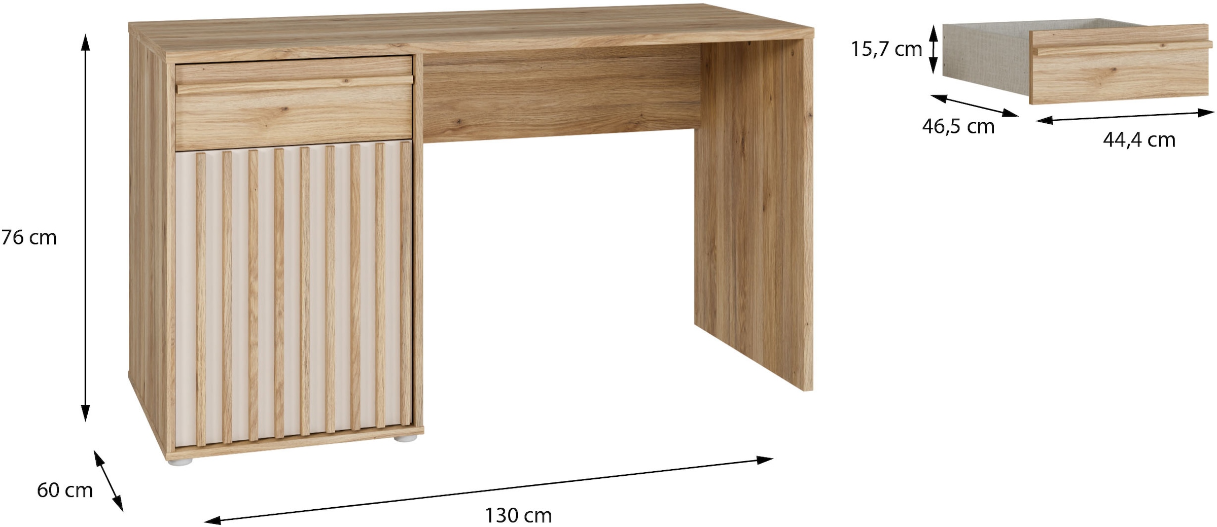 FORTE Schreibtisch »Soft Close und Vollauszug, viel Stauraum, in 2 Farben erhältlich« B/H/T 130/76/60 cm/Schubkasten mit Vollauszug