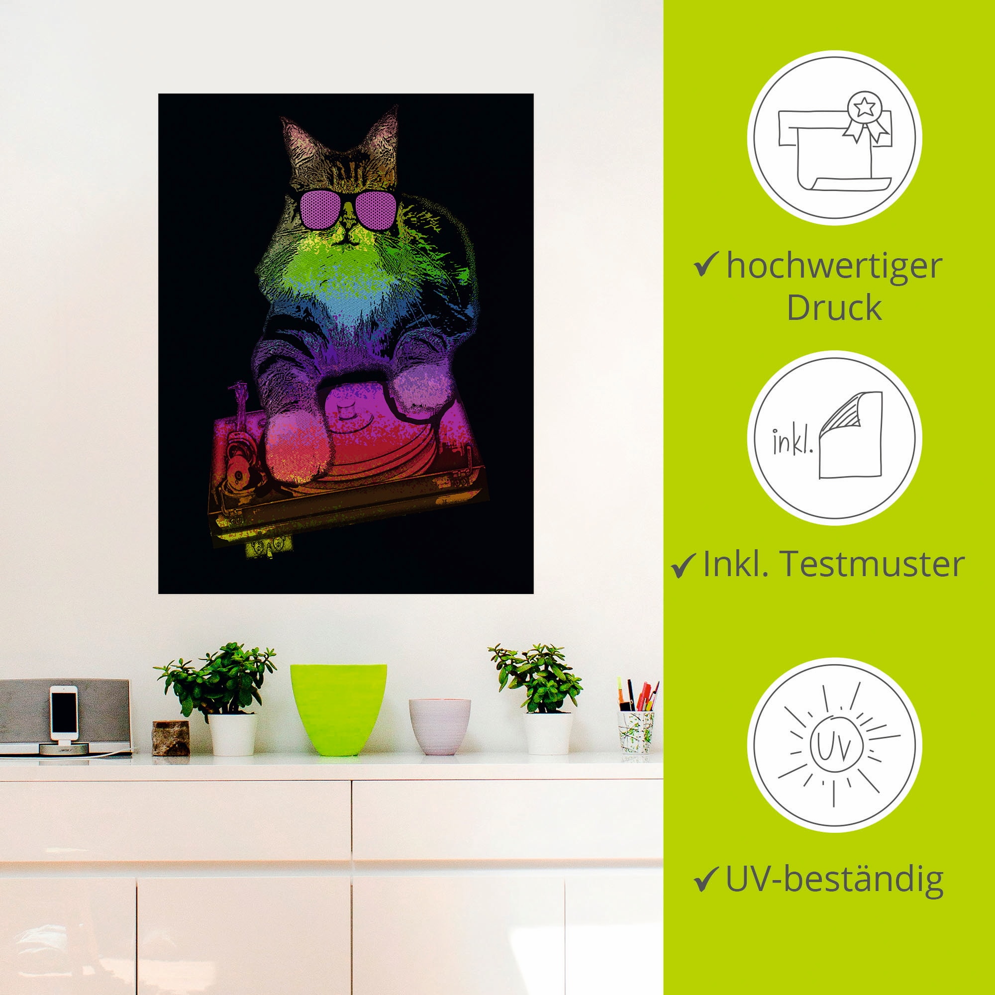 Artland Wandbild »Witzige DJ Katze Party Musik«, Humor, (1 St.), als Alubild, Leinwandbild, Wandaufkleber oder Poster in versch. Größen