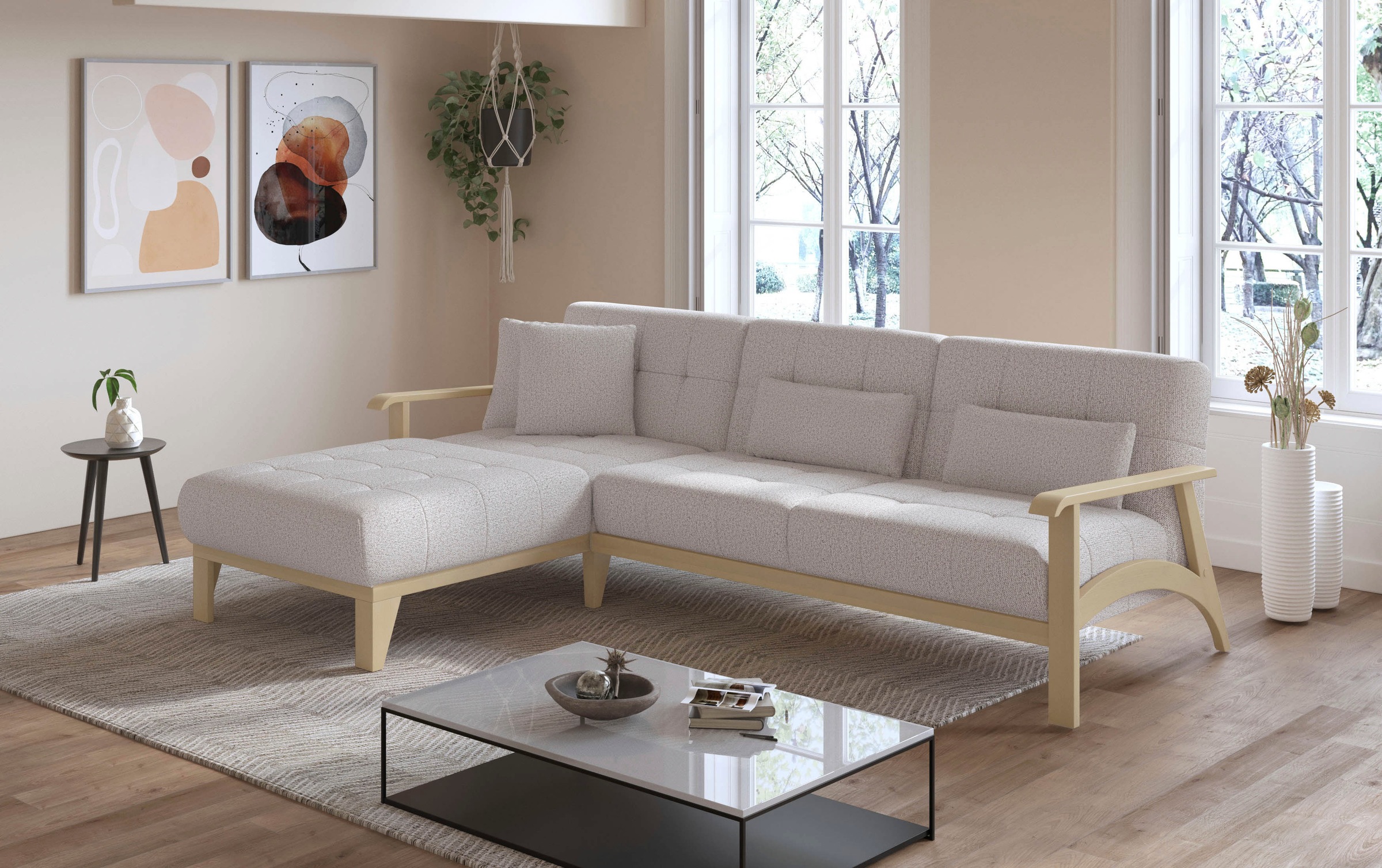 sit&more Ecksofa »Billund L-Form«, Armlehnen aus Buchenholz in natur, verschiedene Bezüge und Farben