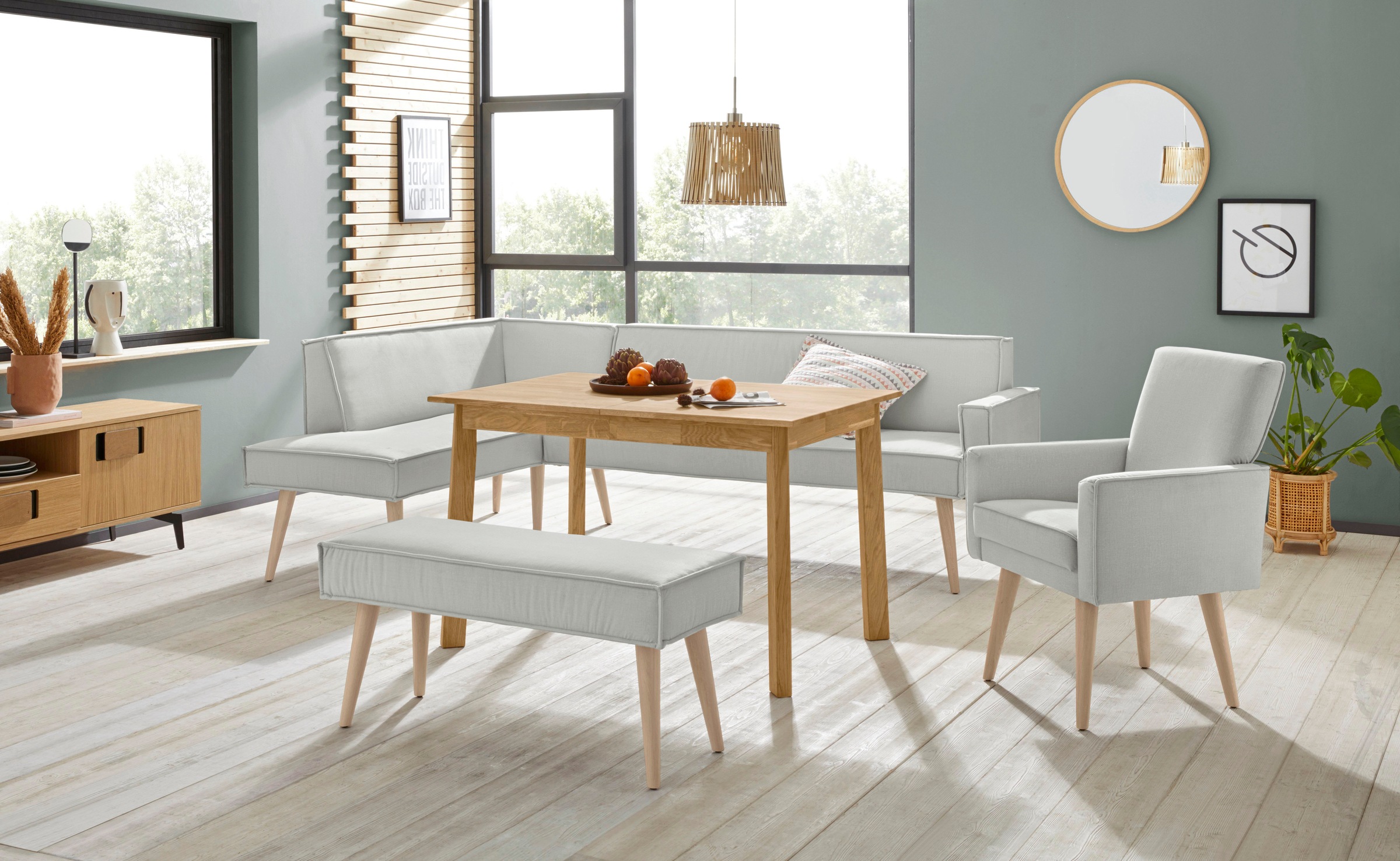 exxpo - sofa fashion Eckbank »Lungo, moderne Kedernaht, bequem und elegant, hoher Holzfuß«, hochwertige Detailverarbeitung, frei im Raum stellbar
